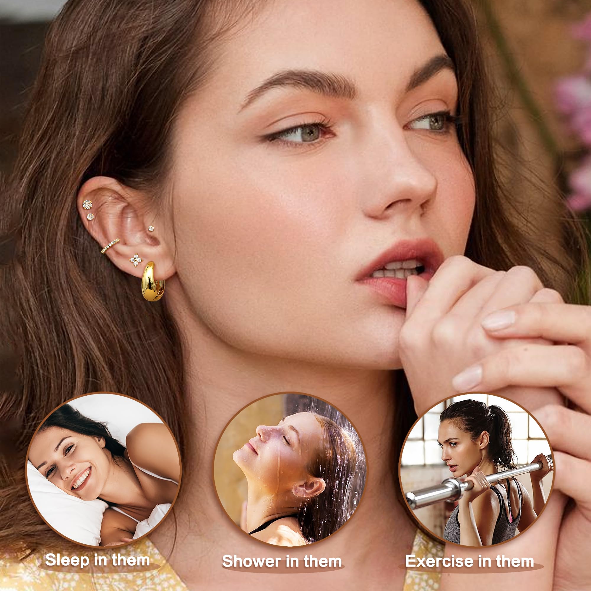 HMJGDHX 16 sztuk Helix Piercing Biżuteria Hipoalergiczny Srebrny Złoty Płaskie kolczyki z tyłu Stal chirurgiczna Kolczyki na chrząstkę dla kobiet Helix Tragus Conch Daith Piercing Biżuteria