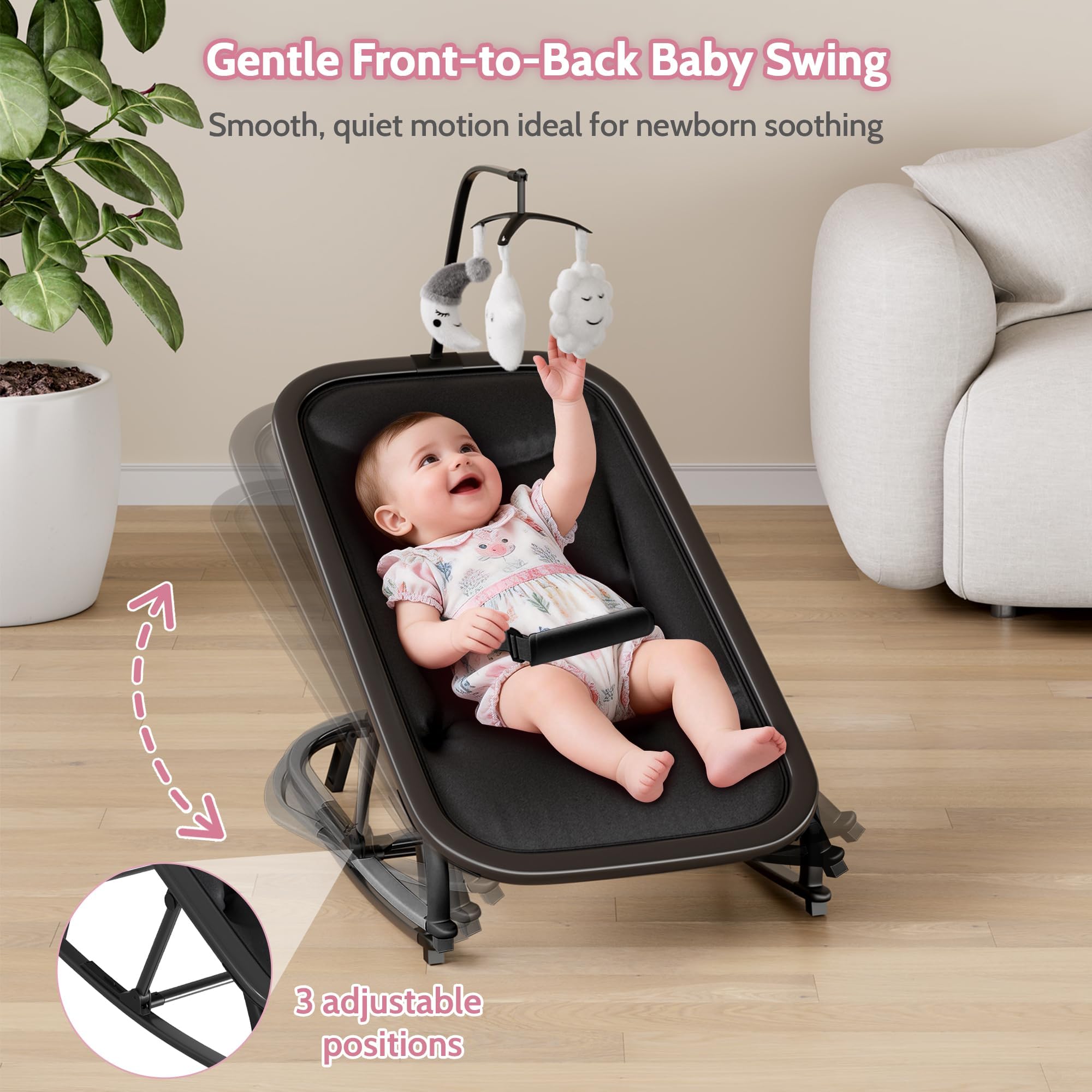 Garvee Silla Mecedora para Bebé 0-12 Meses - Hamaca Infantil Plegable con Respaldo 3 Posiciones, Barra de Juegos, Arnés 5 Puntos, Funda Desmontable, Estructura Aluminio Ligera - Negro
