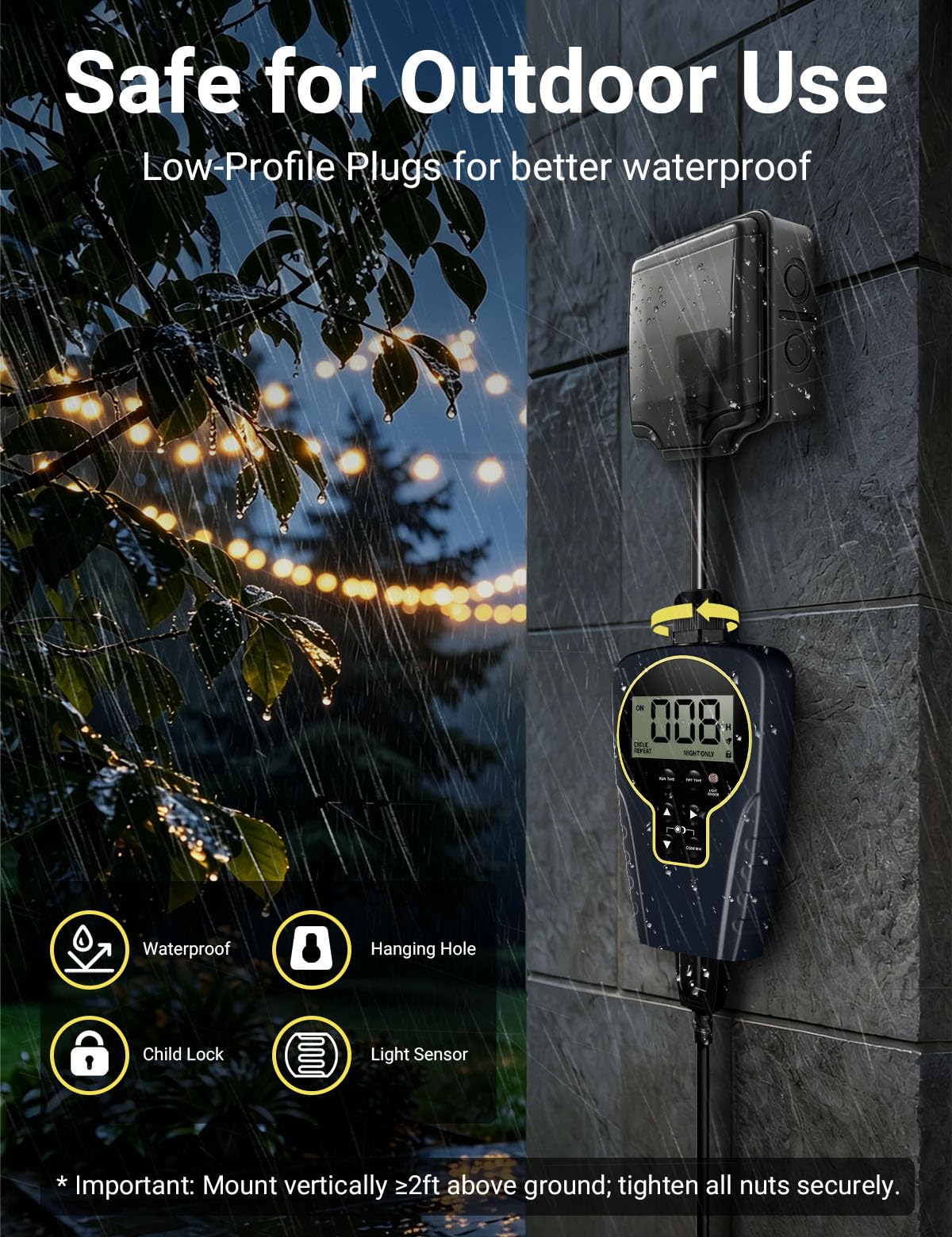 Techbee Temporizador de 24 horas para exteriores con sensor de luz, temporizador de cuenta regresiva de ciclo de repetición infinita impermeable (1 segundo a 999 horas) para el hogar y el jardín,