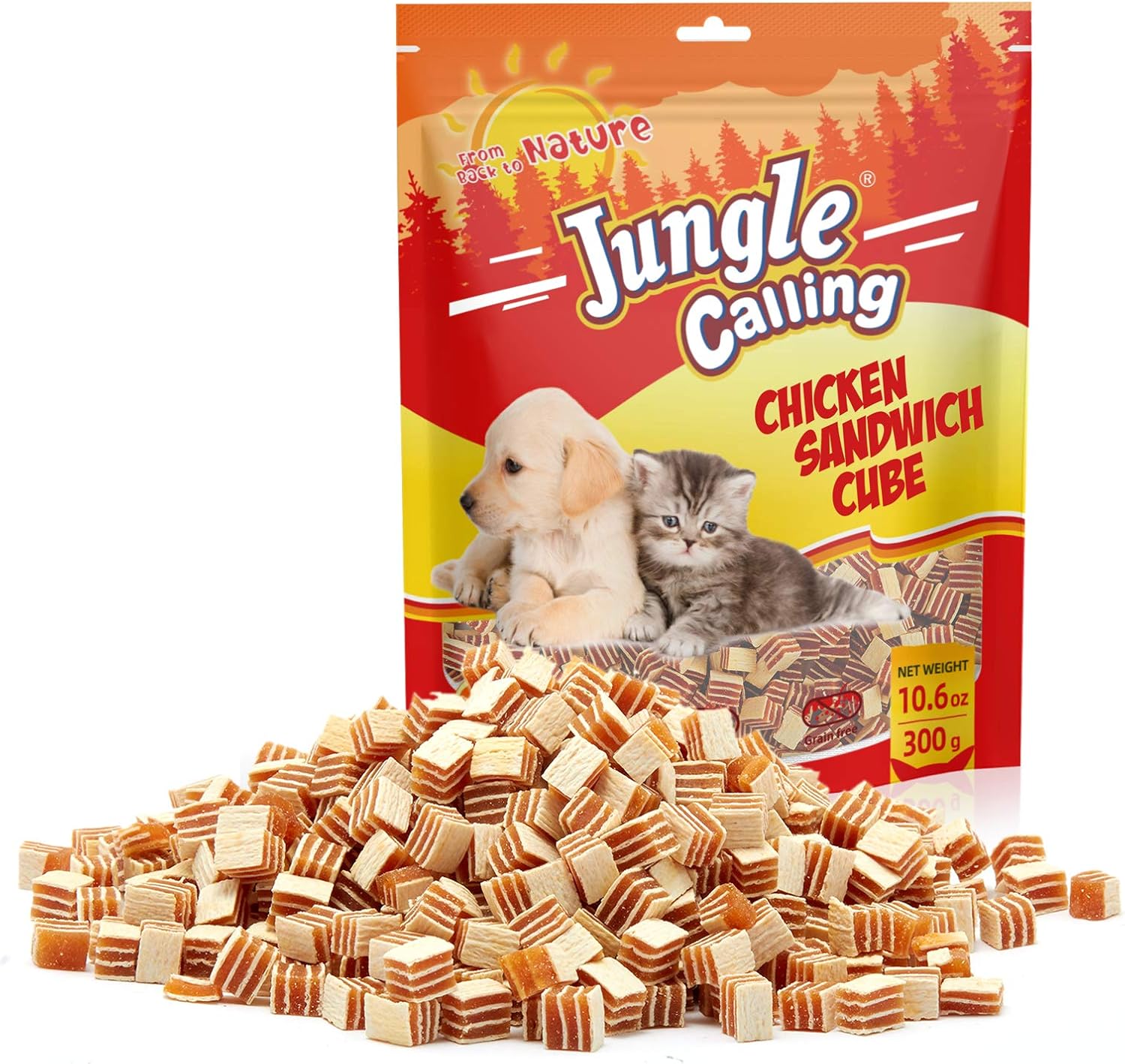 Jungle Calling Chicken Wrapped Dog Treats, Rawhide Free Puppy and Cat Snacks, Grain Free Soft Chicken Sandwich Cube for Training Rewards, 10.6 oz