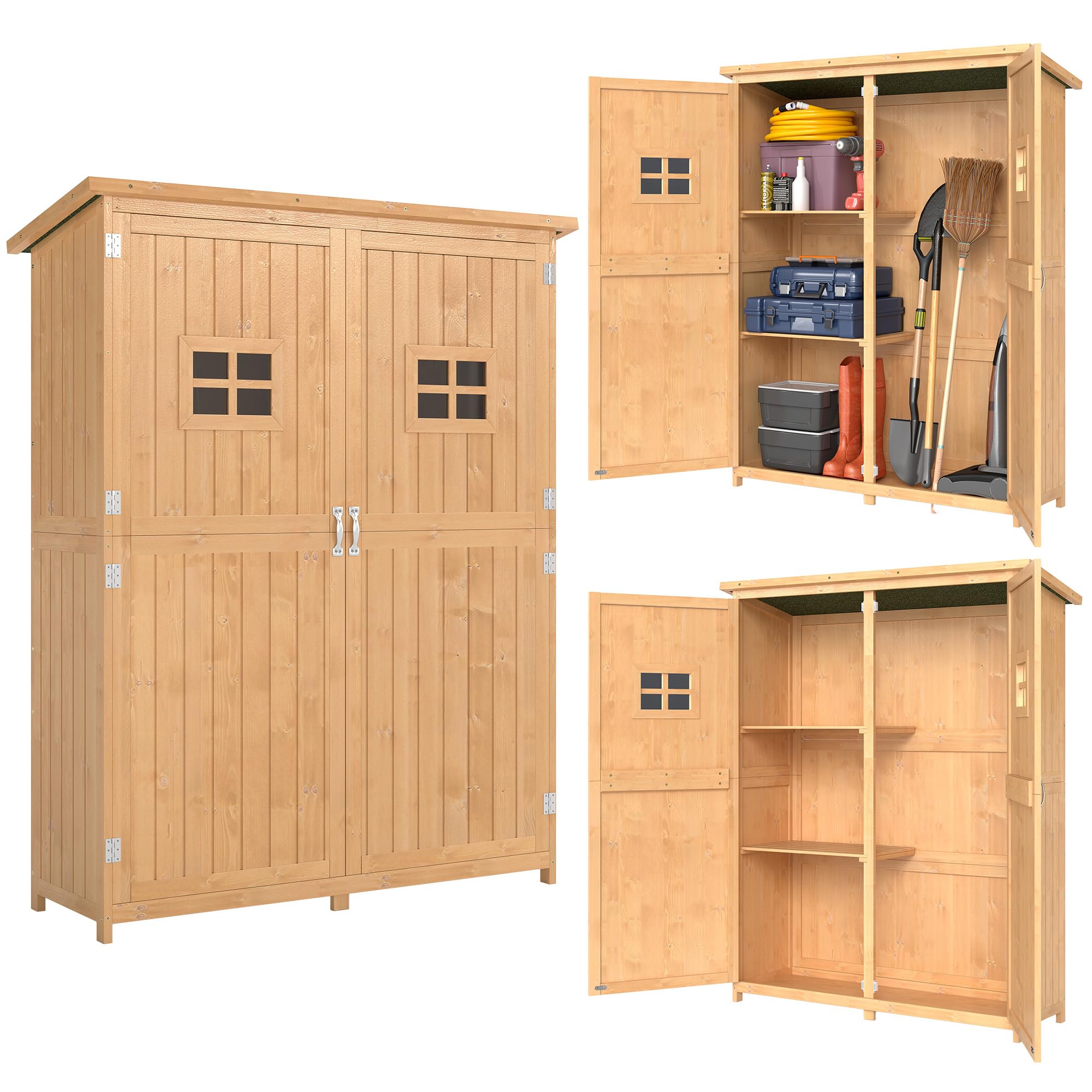 Outsunny Abri de Jardin en Bois Armoire de Jardin dim. 127,​5L x 50l x 164H cm 2 étagères 2 Portes 2 fenêtres Toit bitumé étanche Bois Massif Sapin pré-​huilé Bois Naturel