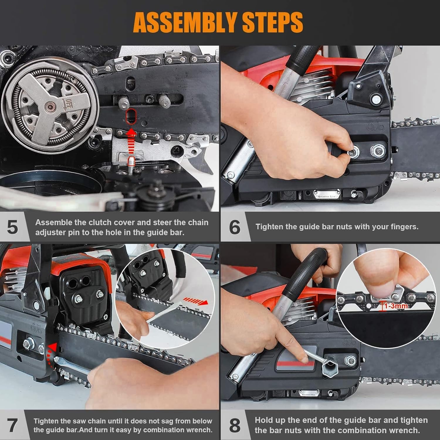 Chainsaw assembly steps 5 through 8