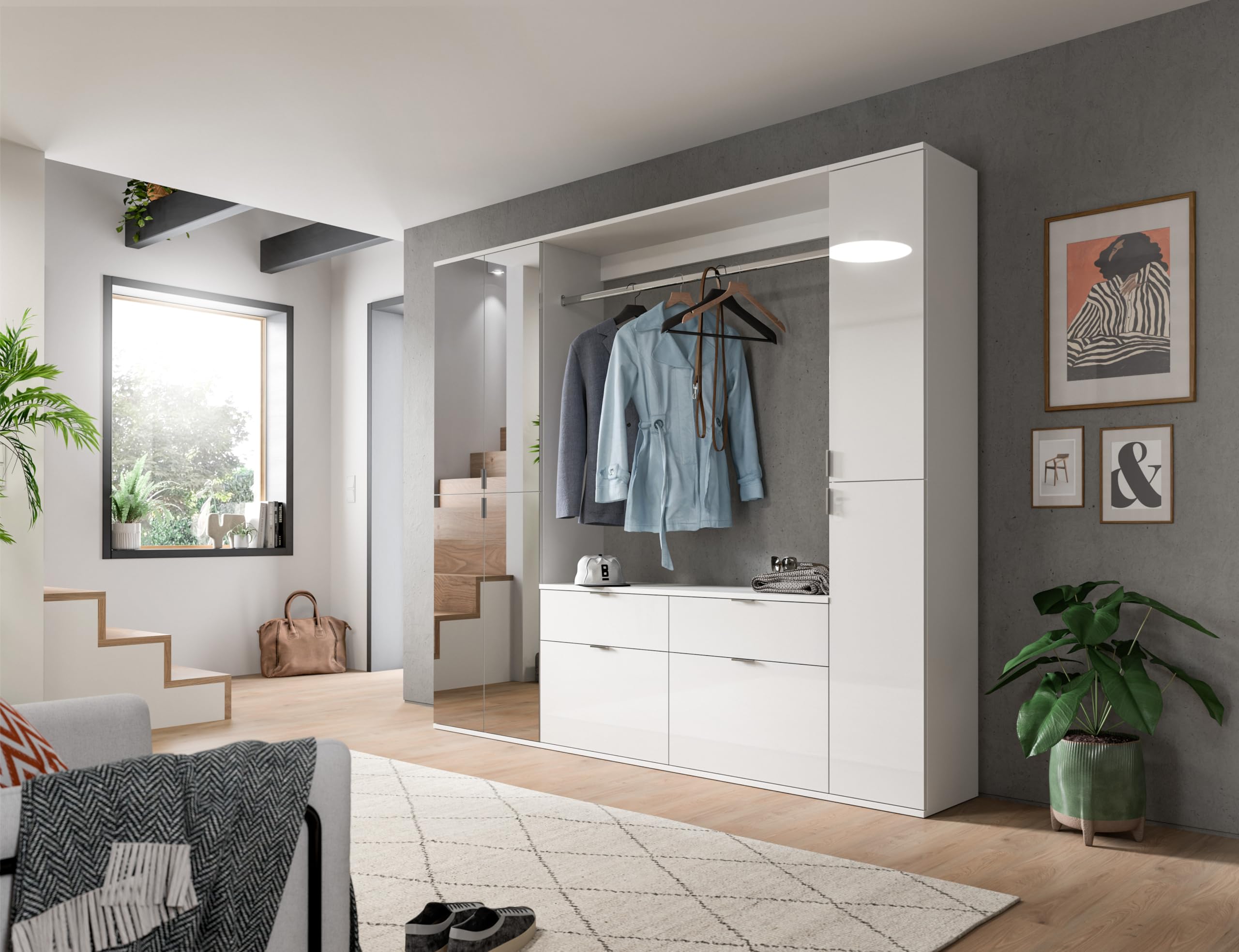 xonox.home - Hochschrank Projekt X 30x193x34 cm in weiß und weiß Hochglanz - Flurschrank Möbelstück Garderobenschrank - modern platzsparend und funktional einfache Montage – Bild 5