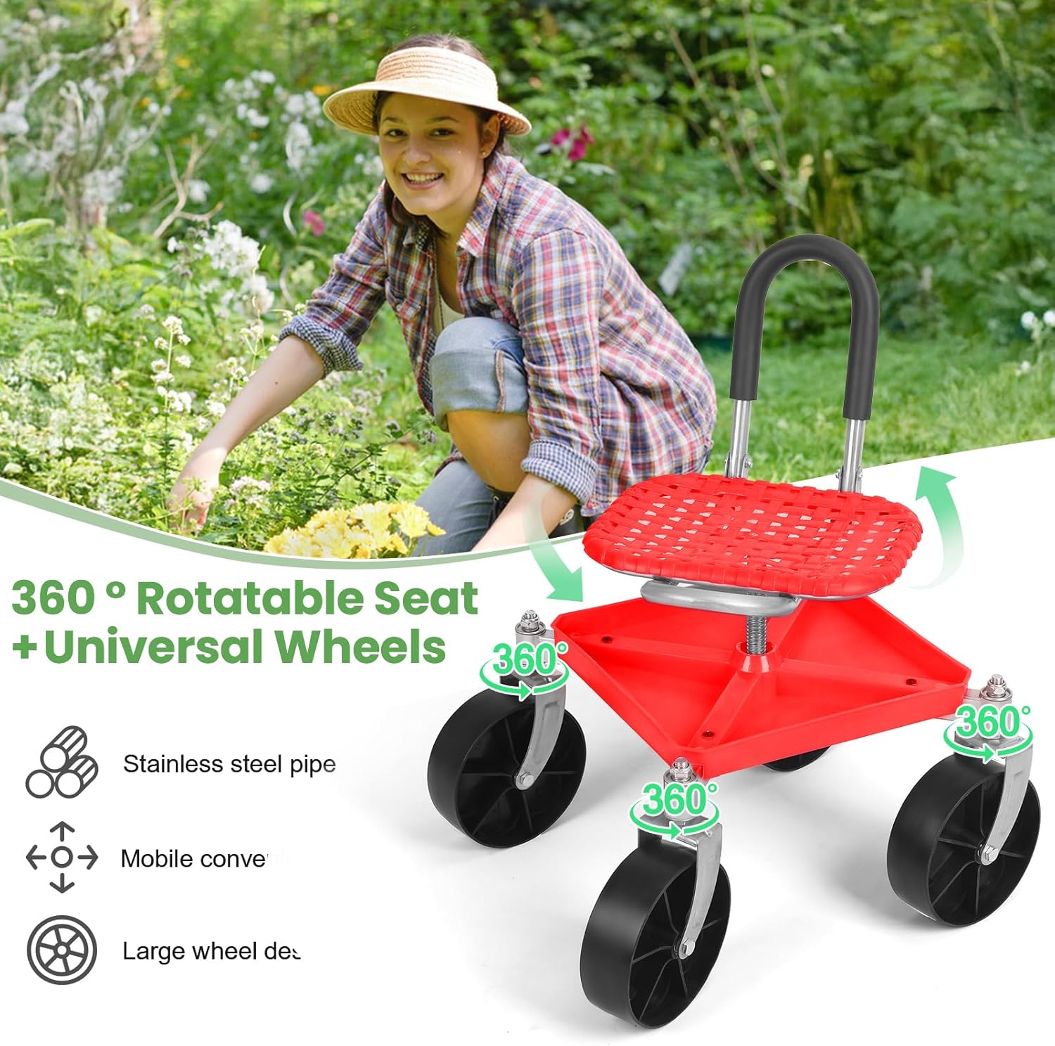 360 Degree Swivel Gardening Rolling Seat, Height Adjustable Garden Cart, Garden Rolling Stools with Wheels for Seniors, Lawn, Patio & Backyard Gardening, Factory Red