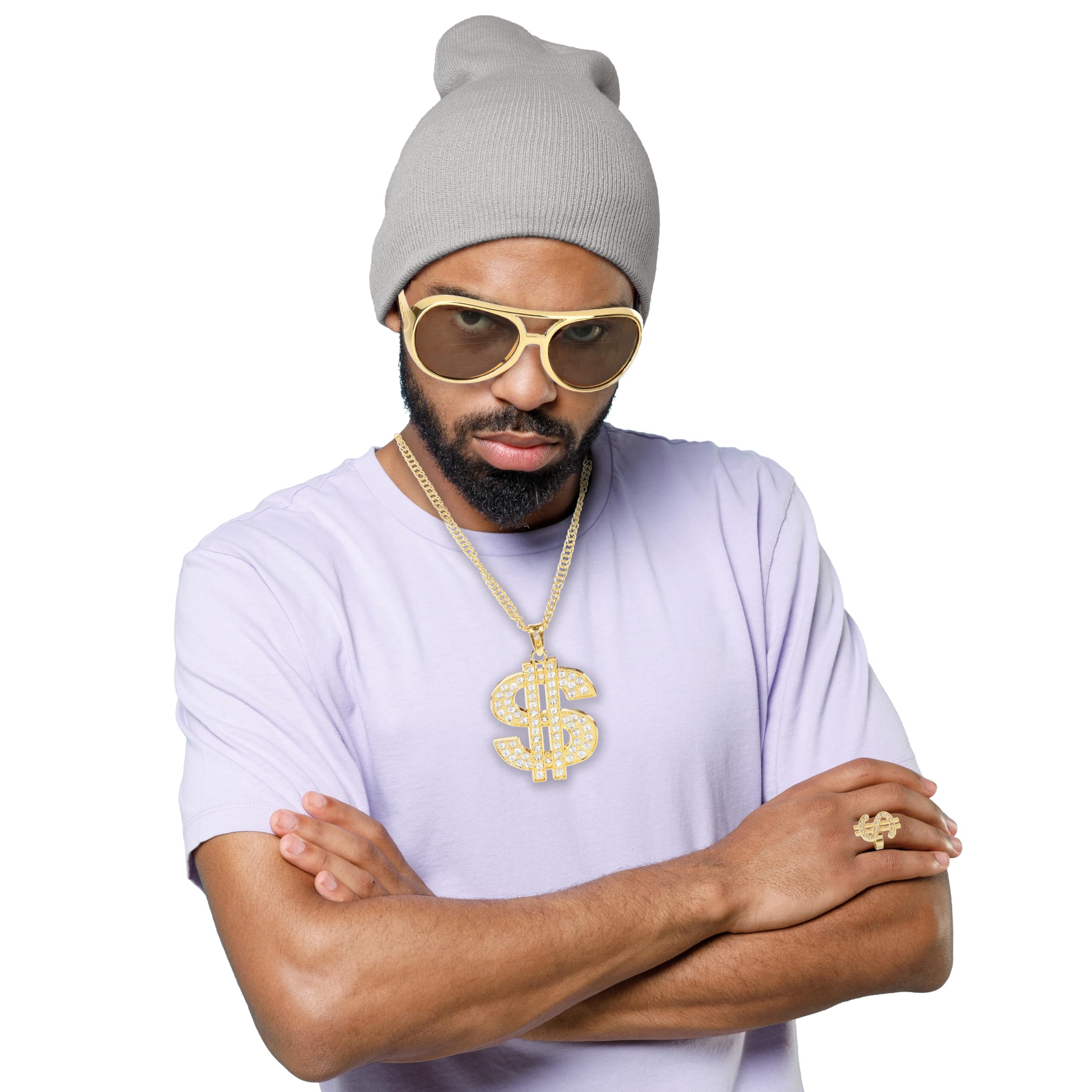 Dollar Accessoires zestaw 3 szt. - męskie akcesoria gangsterskie w stylu hip-hopowym - okulary, pierścionki i okulary przeciwsłoneczne na karnawał lub karnawał