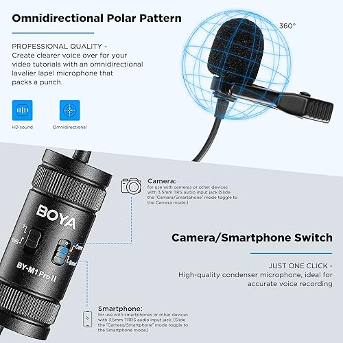 Miniatura 3 de BOYA Micrófono de solapa Lavalier - Sin batería, by-M1 Pro ll Omnidireccional Micrófono de condensador para iPhone Cámara Android PC Windows - para
