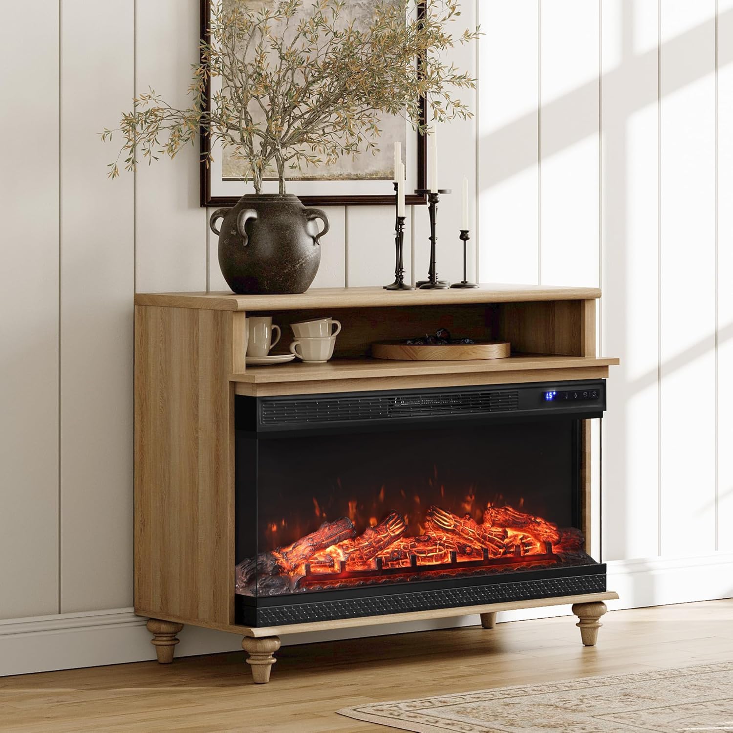 WAMPAT 3-Sided Farmhouse Fireplace TV Stand for TVs up to 43'', Highboy Entertainment Center with 36'' Glass Electric Fireplace, Small Media Console Table with Storage for Living Room, Oak