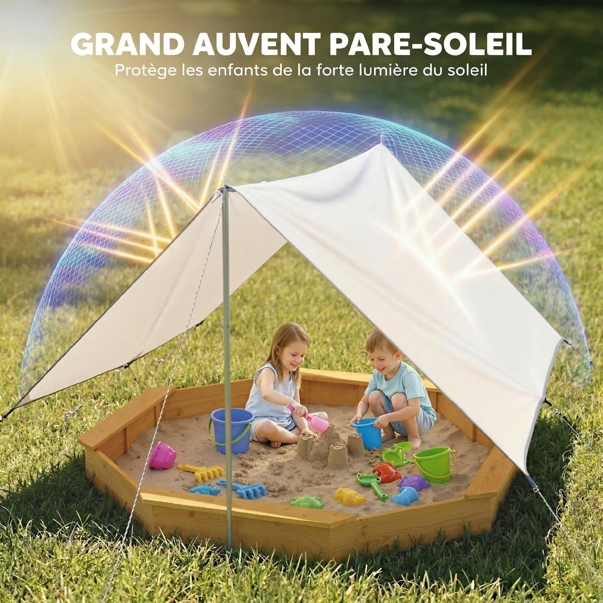 AIYAPLAY Bac à Sable en Bois avec auvent, bac à Sable Enfant extérieur avec 4 bancs, Doublure de Fond, Aire de Jeu extérieure pour 8 Enfants de 3 à 6 Ans, Jaune