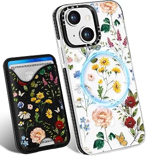 Toycamp for iPhone 14 Case, for iPhone 13 Case - Compatible with Magsafe Credit Card Holder Wallet Magnetic Cute Women Teen Girls Kawaii Girly Unique Flower Floral Design Phone Cover for iPhone 14/13