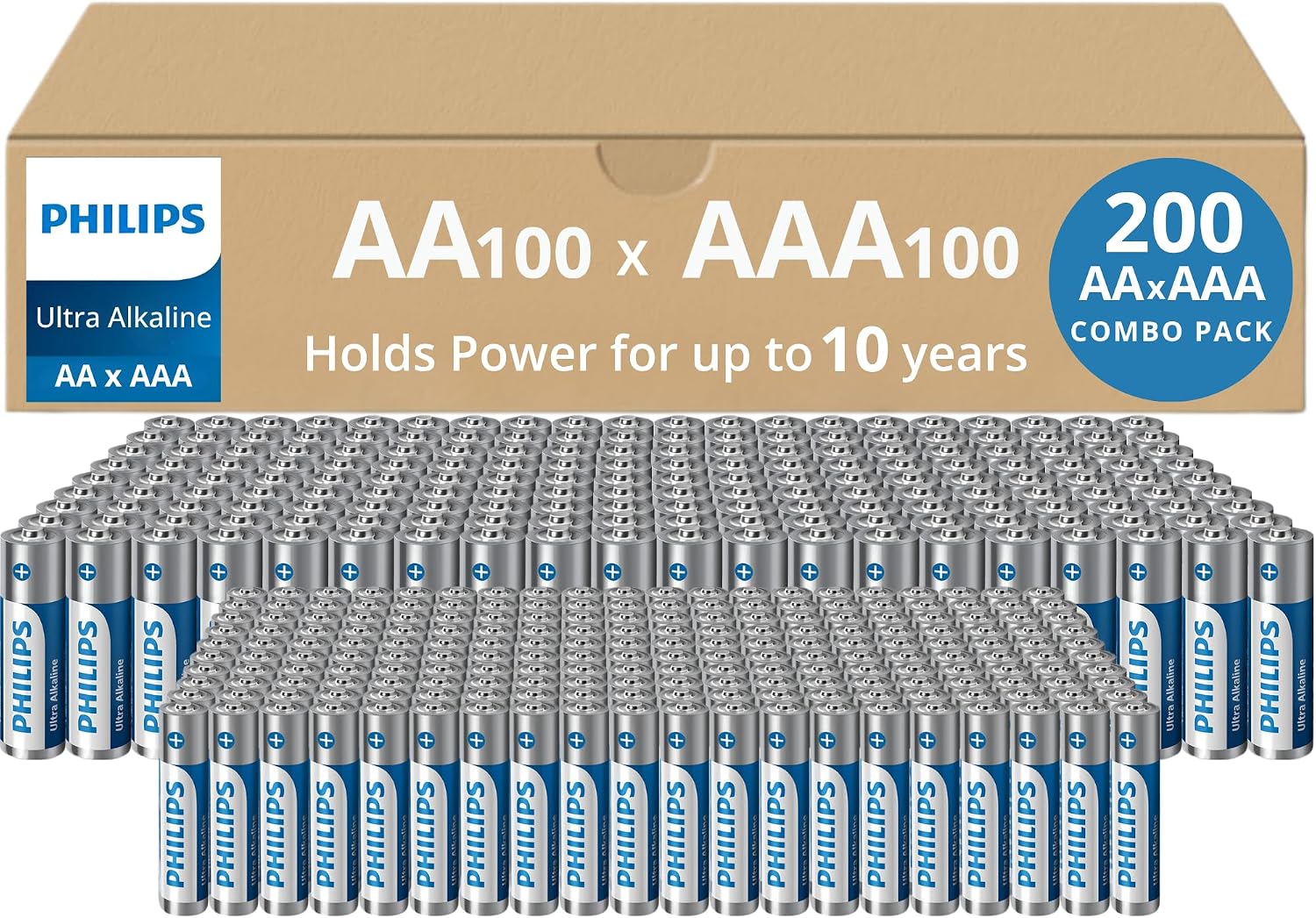PHILIPS AA and AAA Batteries Combo Pack, 200 Count, 100-Pack Each.