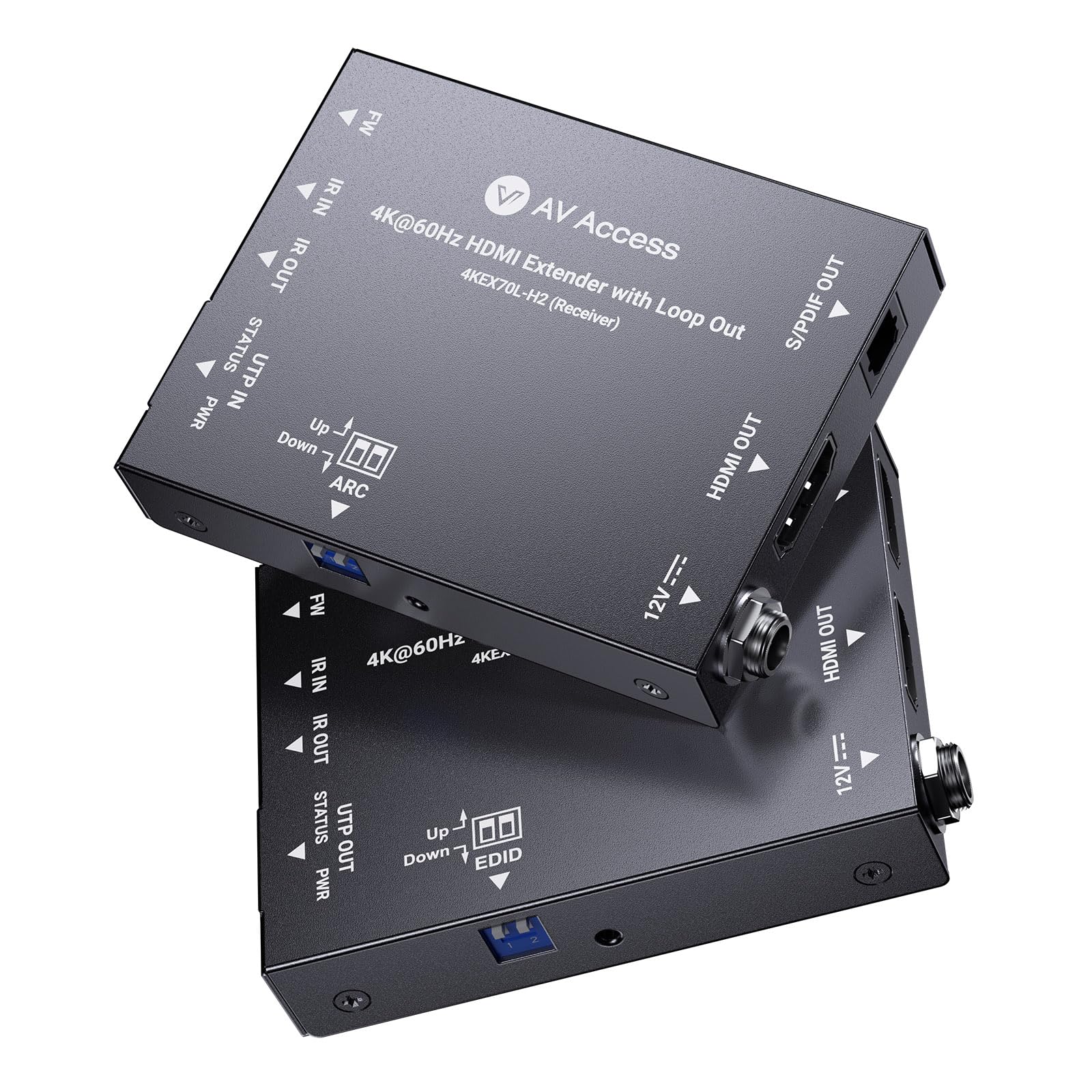 AV Access 4K@60Hz HDMI Over Ethernet Extender Over Cat6/7 Upto 230ft with Loop Out, Supports 4K 4:4:4, HDR10, HDCP 2.3, Doby Atmos, DTS:X, Bi-Directional IR, PoC, EDID & ARC Switch (4KEX70L-H2)