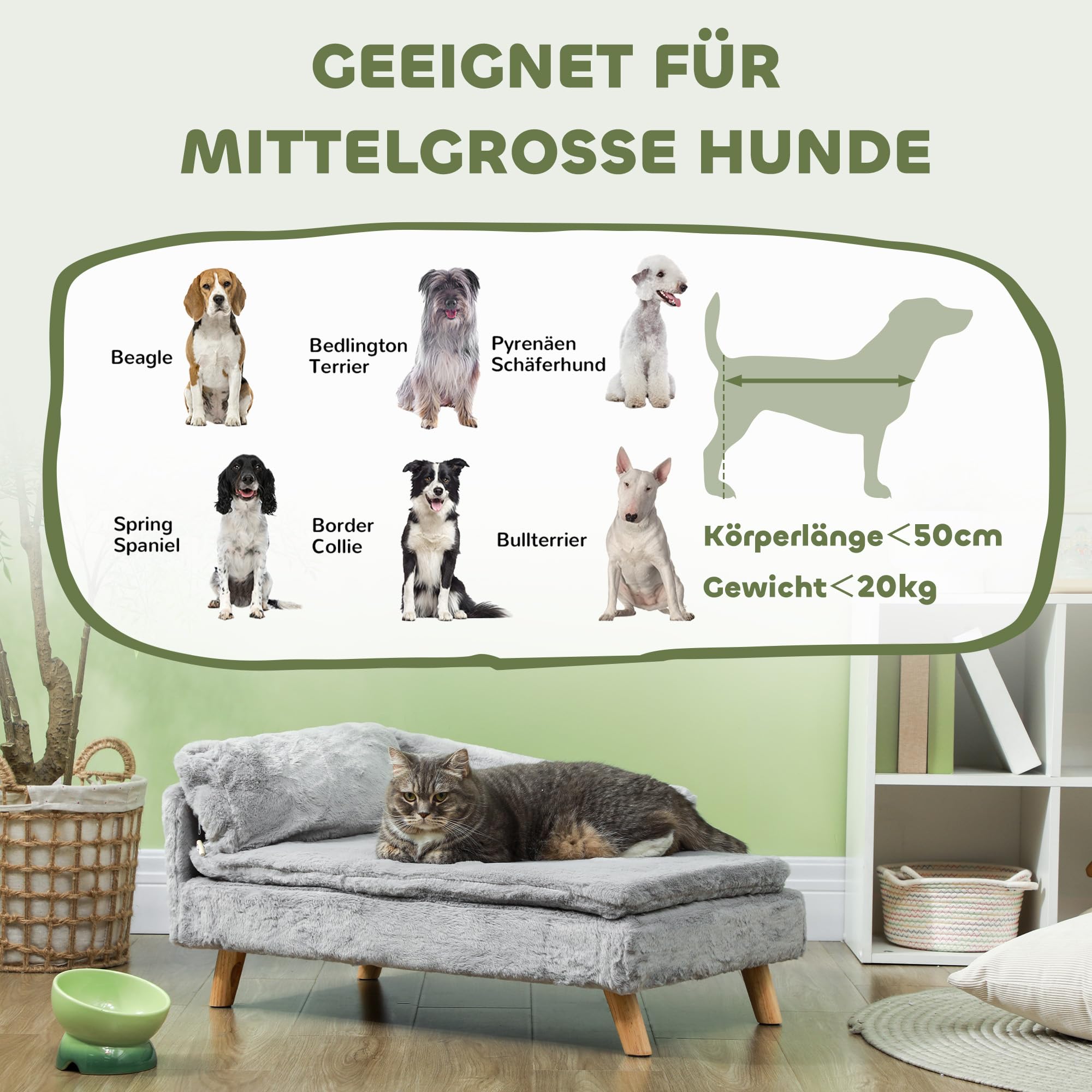 PawHut Hundesofa für mittelgroße Hunde, Hundebett mit abnehmbarem und waschbarem Kissen, Haustiersofa mit Holzbeine, mit Erhöhtem Design, 20 kg, Hellgrau