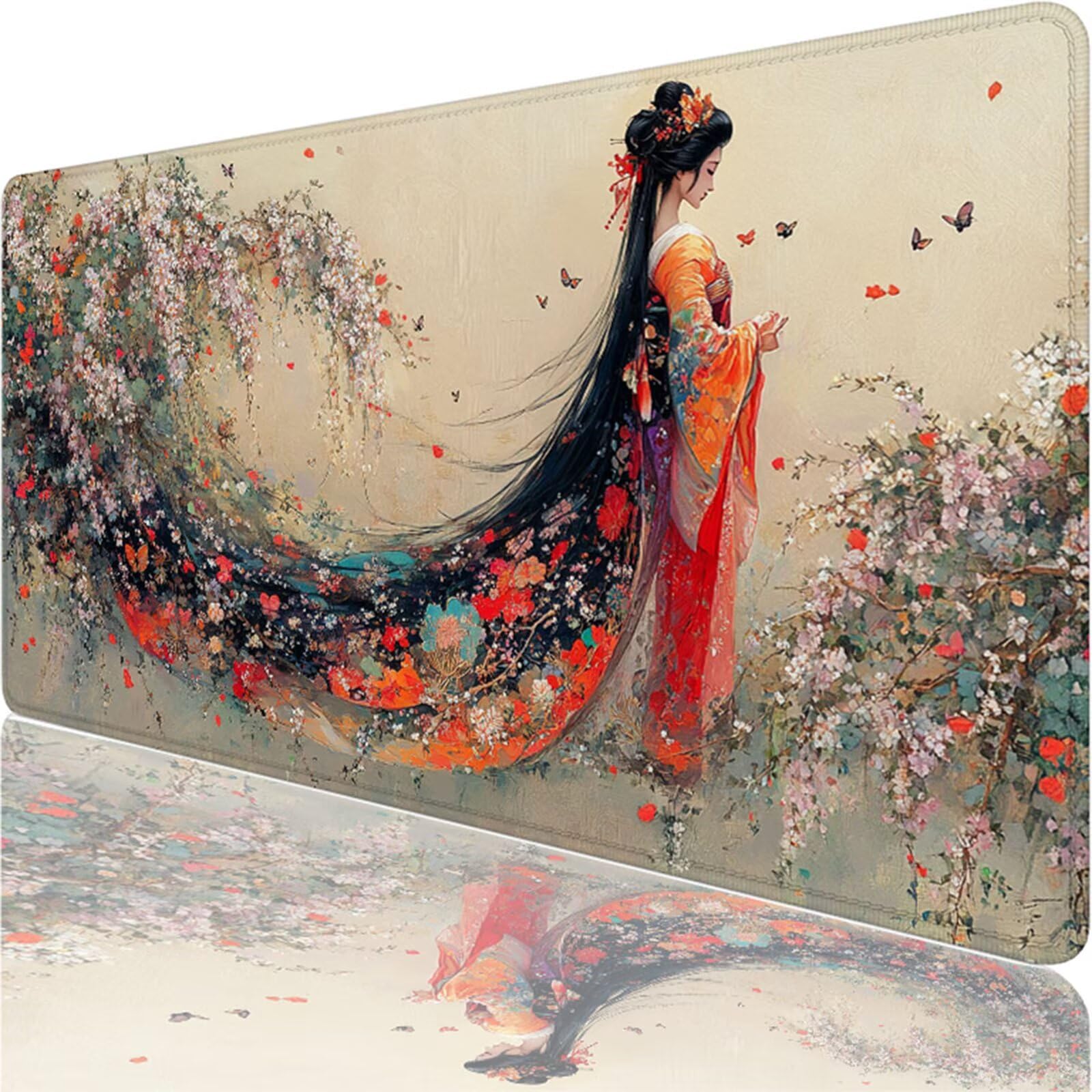 Tapis de Souris Gaming XXL, 800x400x3mm Tapis de Souris rouge, Grand Tapis de Bureau Sous Main avec Surface Spéciale Améliore la Vitesse et la Précision, Imperméable Mouse Pad femmes japonaises XF-373