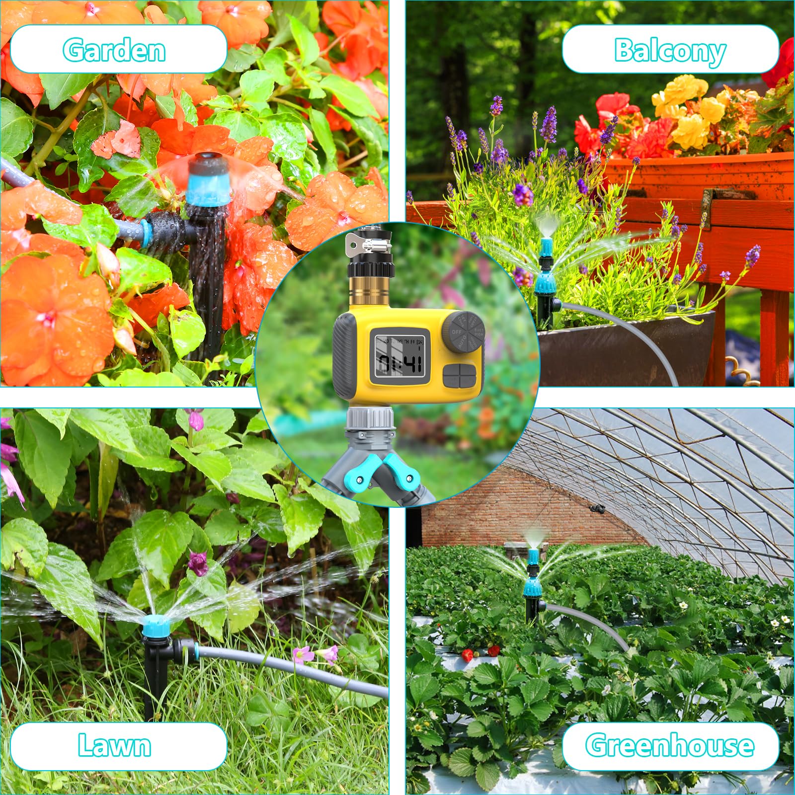 Kit d'irrigation goutte à goutte automatique 30 m avec programmateur TRJZWA 3 programmes, 3 types de goutteurs pour jardin