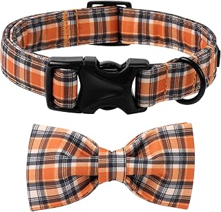 Lionet Paws Fall Halloween Dog Collar with Black Orange Grid, Cotton Thanksgiving Bowtie Collar, Light Adjustable Collars for Small Medium Large Dogs