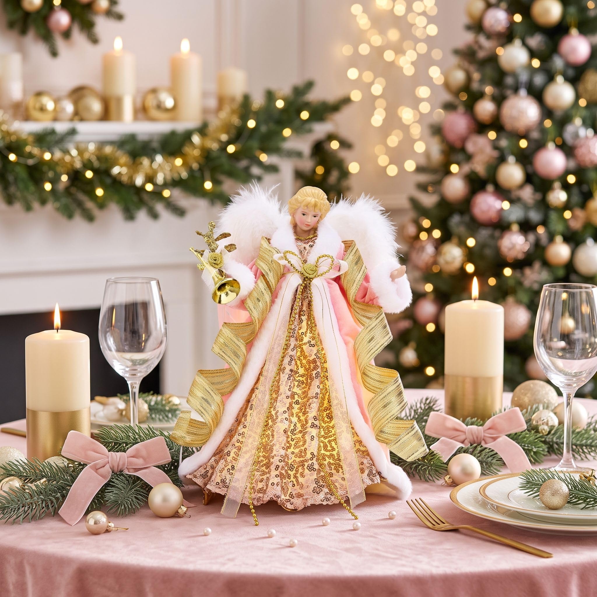 Valery Madelyn Beleuchtete Weihnachtsbaumspitze Engel mit Timer, 30,5 cm, rosa-goldener Stoff, kleiner Engel, Baumspitze mit Lichtern für den Innenbereich, batteriebetrieben, Valentinstagsgeschenke