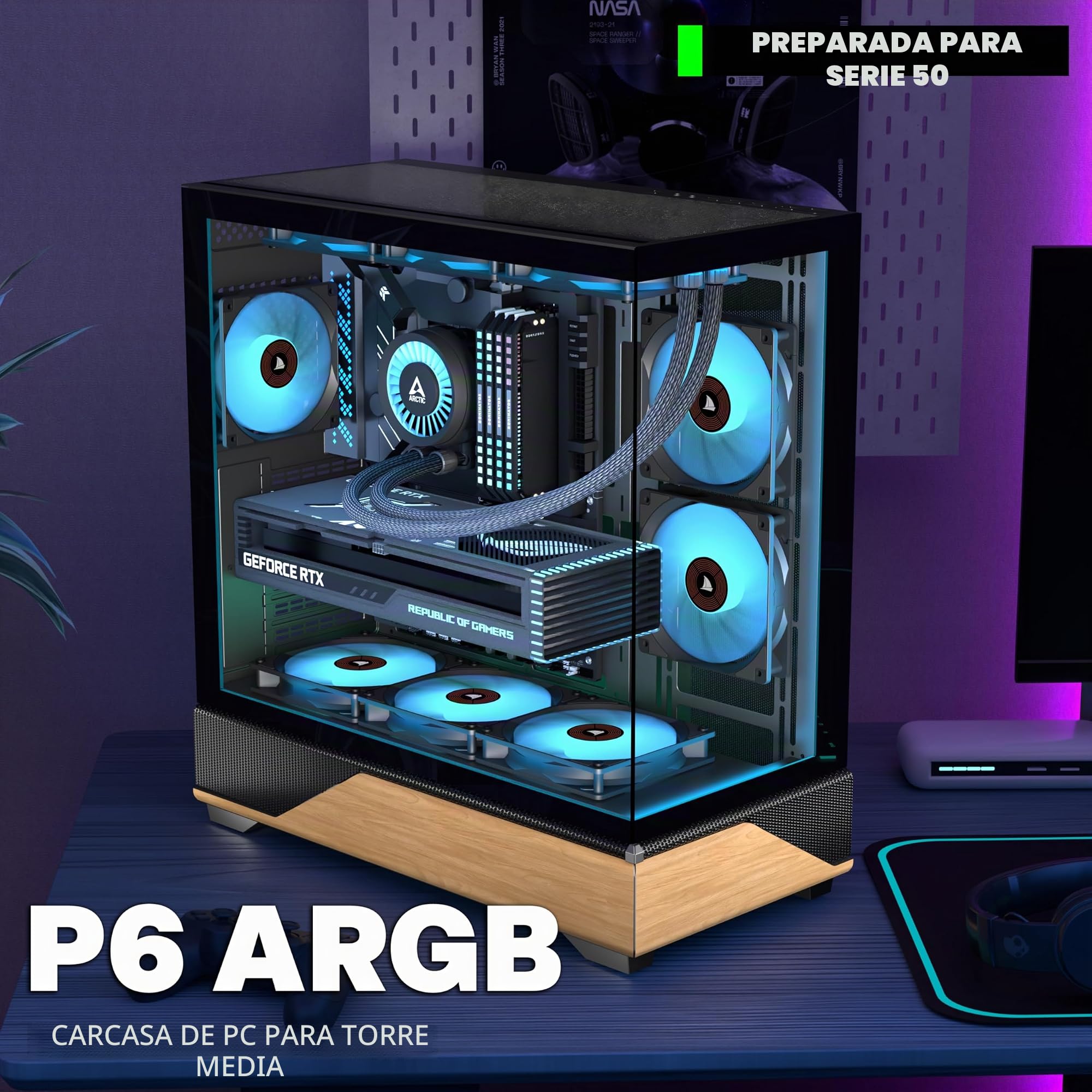 KEDIERS Caja PC preinstalada, 5 × 120 mm, negra, caja PC semitorre ATX, caja de ordenador con vista panorámica, panel frontal de vidrio templado, negra, P6 ARGB