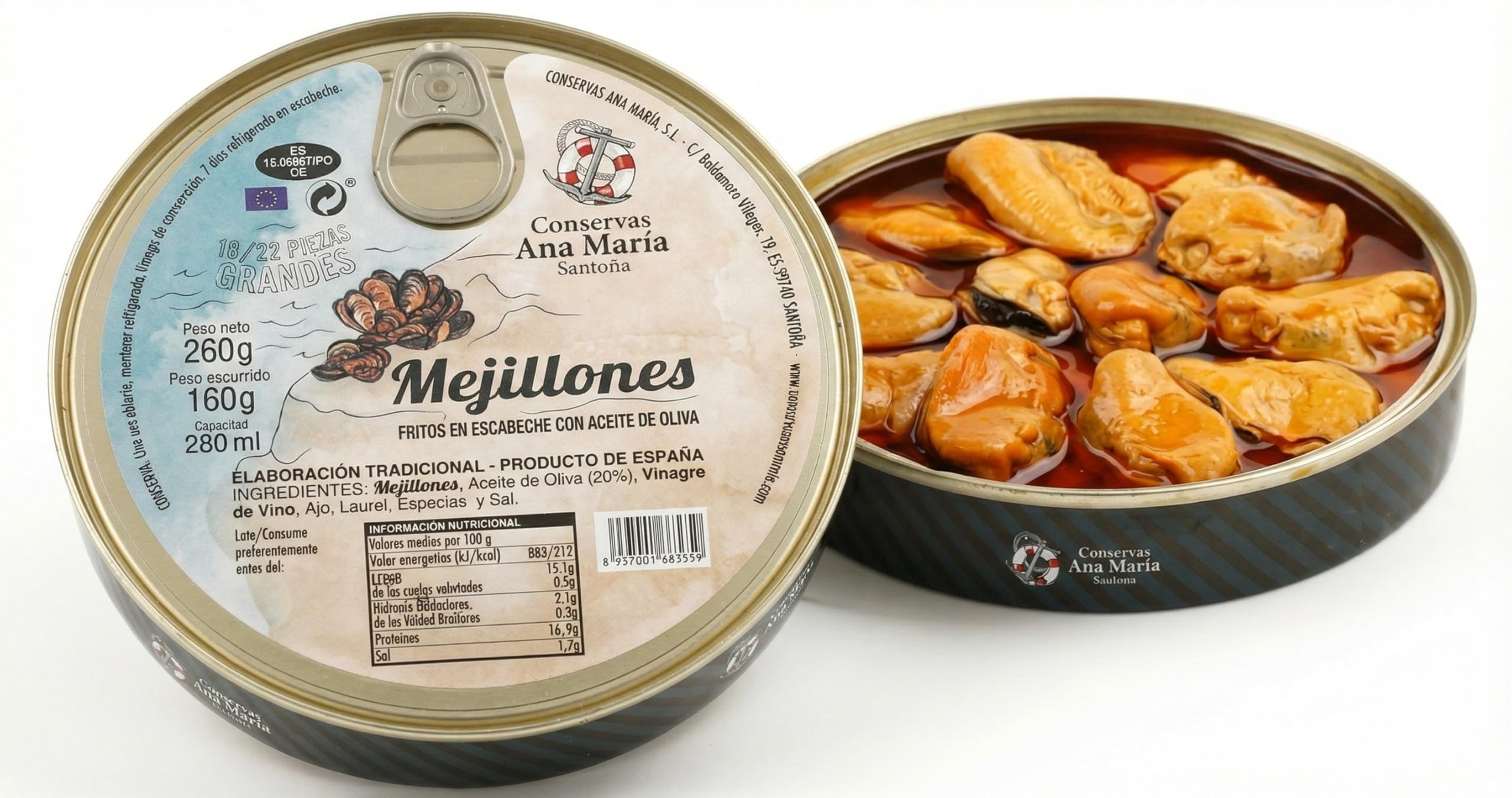 Conservas Ana Maria Moules en Escabèche à l'Huile d'Olive, 18/22 Grosses Pièces, Élaboration Traditionnelle de Santoña Espagne, 260g