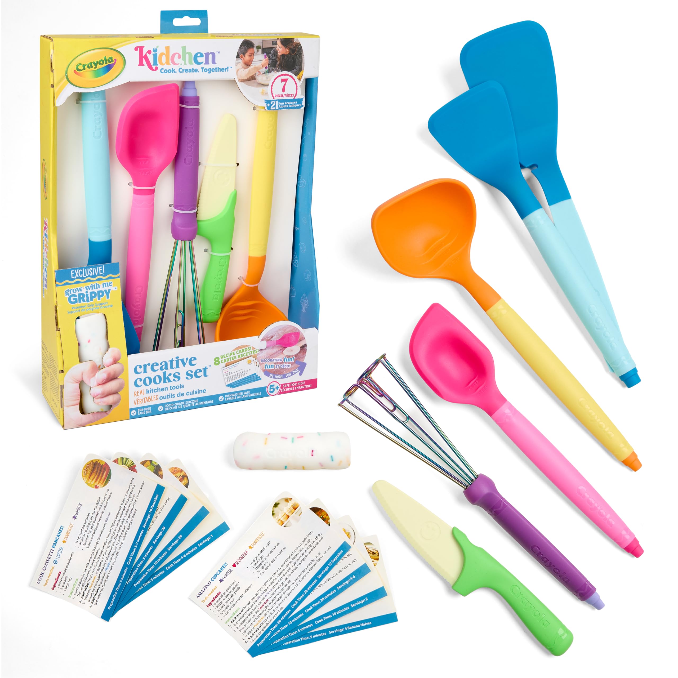 Crayola Kidchen - Set di 5 utensili da cucina creativi per bambini, con spatola 2 in 1, frusta in acciaio inox e mestolo, in silicone alimentare colorato, regalo da cucina per bambini, dai 5 anni in