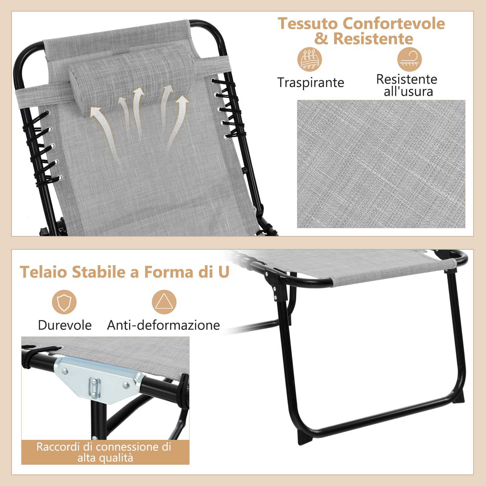 COSTWAY Lettino da Spiaggia Pieghevole Portatile, Sdraio da Mare con Schienale Regolabile 4 Posizioni, Tasca Laterale e Poggiatesta Staccabile, per Giardino e Campeggio, Portata 150 kg (Grigio)