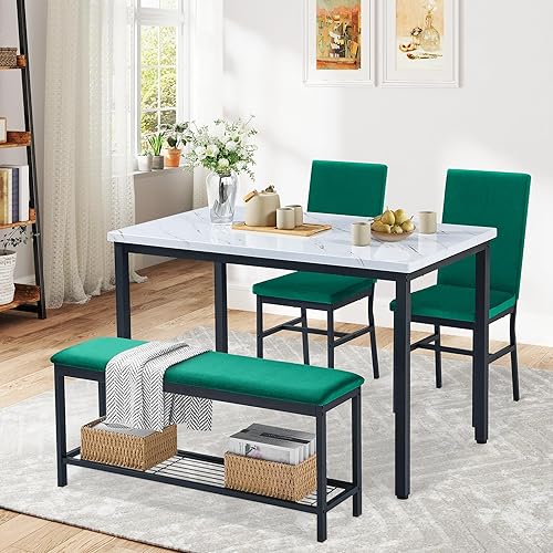 Miniatura 12 de Juego de mesa de comedor para 4, juego de mesa de cocina de mármol sintético de 47.2 pulgadas con sillas y banco tapizados de terciopelo, juego