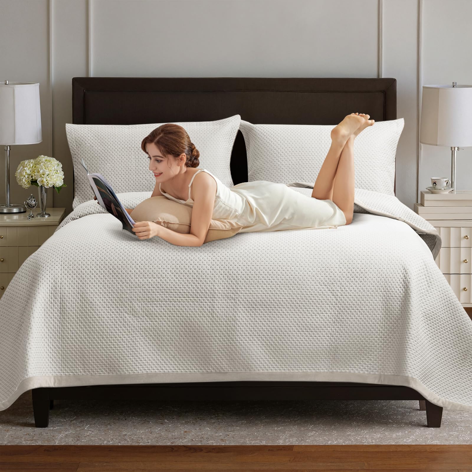 OKYUK Colchas de lujo tamaño king - Colcha reversible tamaño king con acolchado ultrasónico, colcha de microfibra transpirable para todas las estaciones con 2 fundas de almohada (Estrella blanca, 220