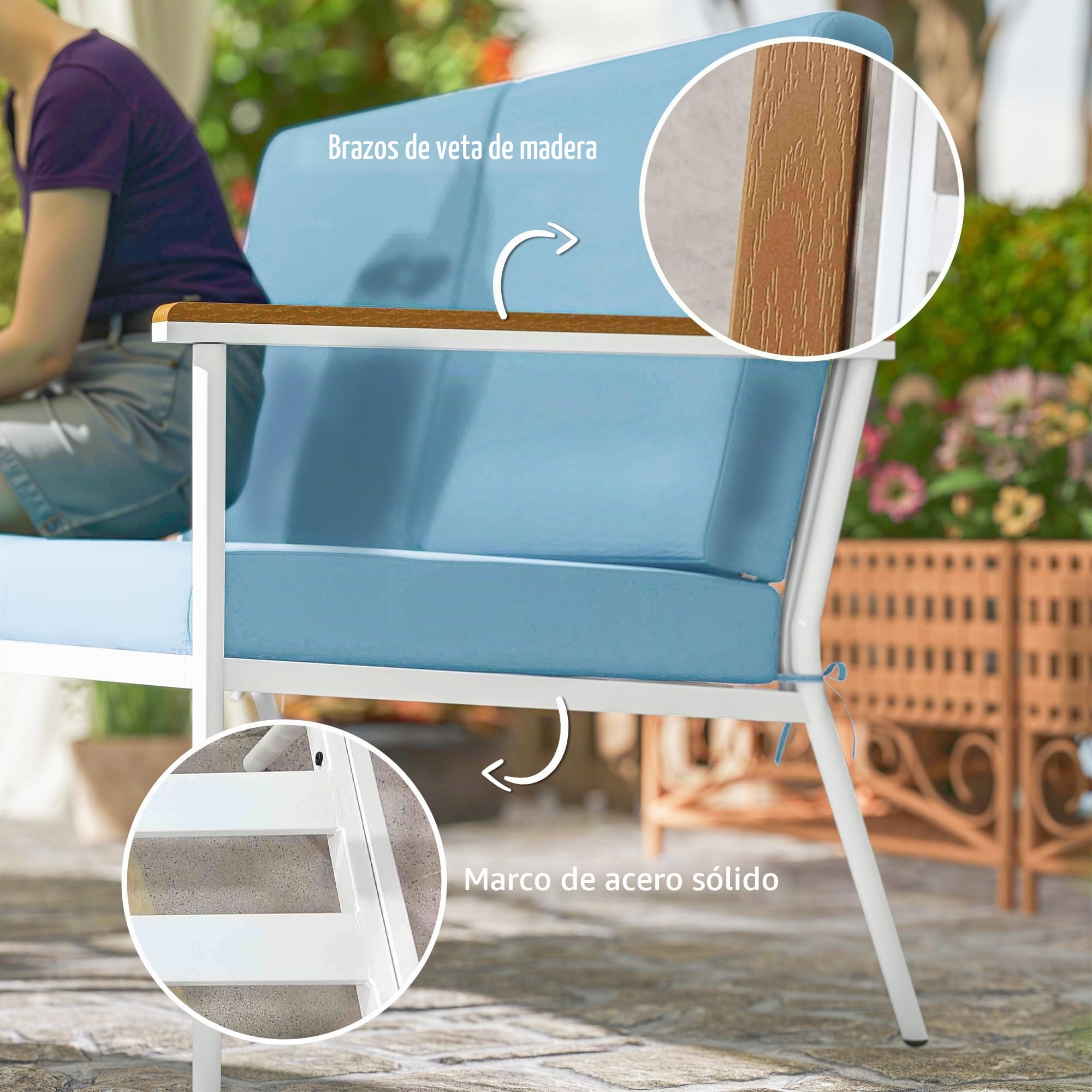 Outsunny Exterior Set de Jardín y Balcón 4 Personas Azul Claro | 5 piezas: sofá, 2 sillones, 2 mesas de café de vidrio templado, cojines incluidos, muebles de jardín para patio, terraza