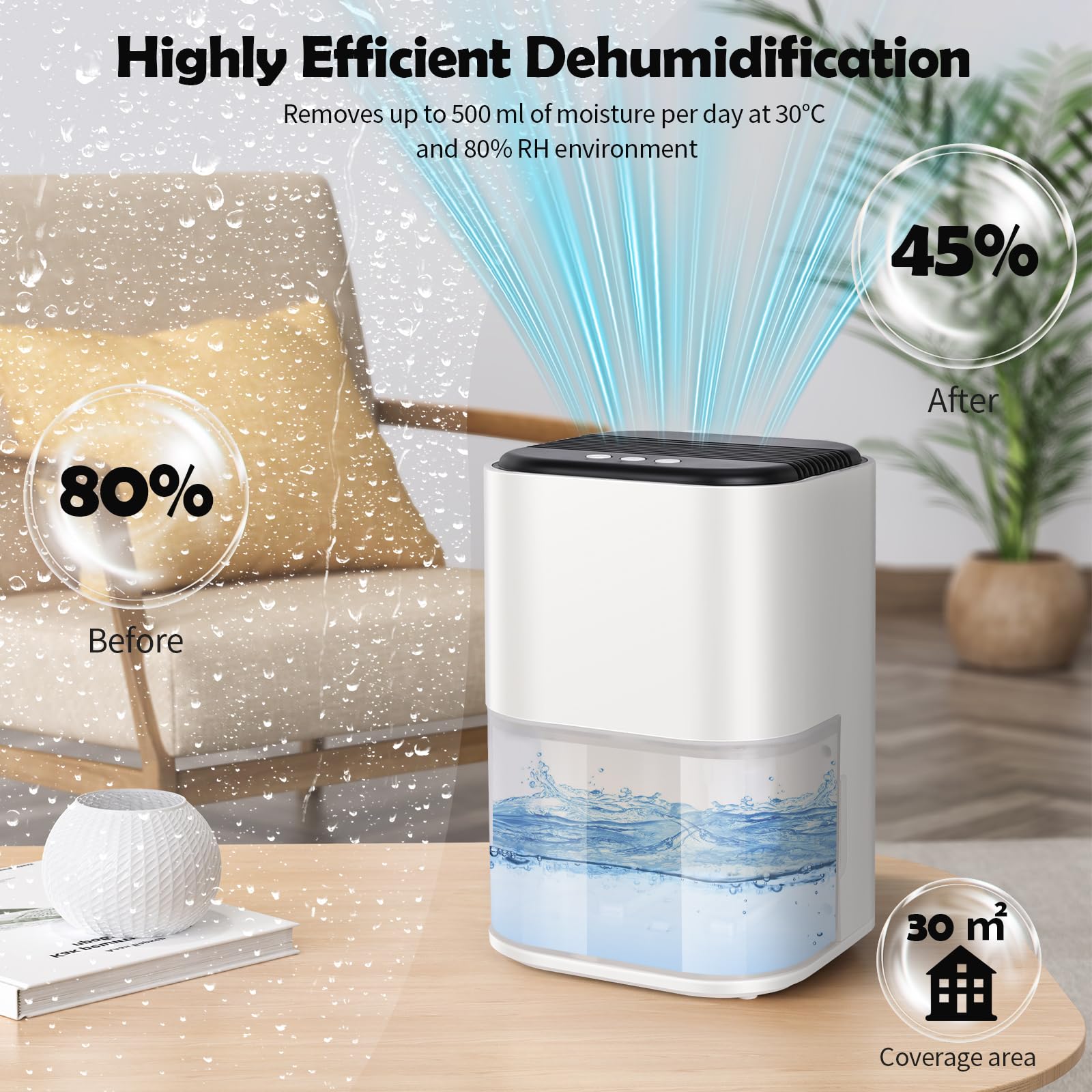 Gerbala Déshumidificateur D'Air 2L Électrique Silencieux Avec LED 7 Couleurs Et Arrêt Auto - Noir