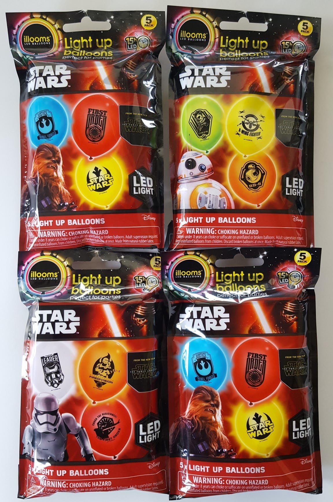 Star Wars LED Light Up Balloons - 20 balloons (4 packs of 5). Assorted colors.
