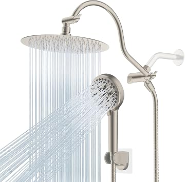 Hibbent All Metal CUPC Certified Shower Head, 10 High Pressure Rainfall Shower Head, Handheld Showerhead Combo with 12 Adjustable Extension Arm, 10-Spray, 71 Hose, Shower Holder, Brushed Nickel