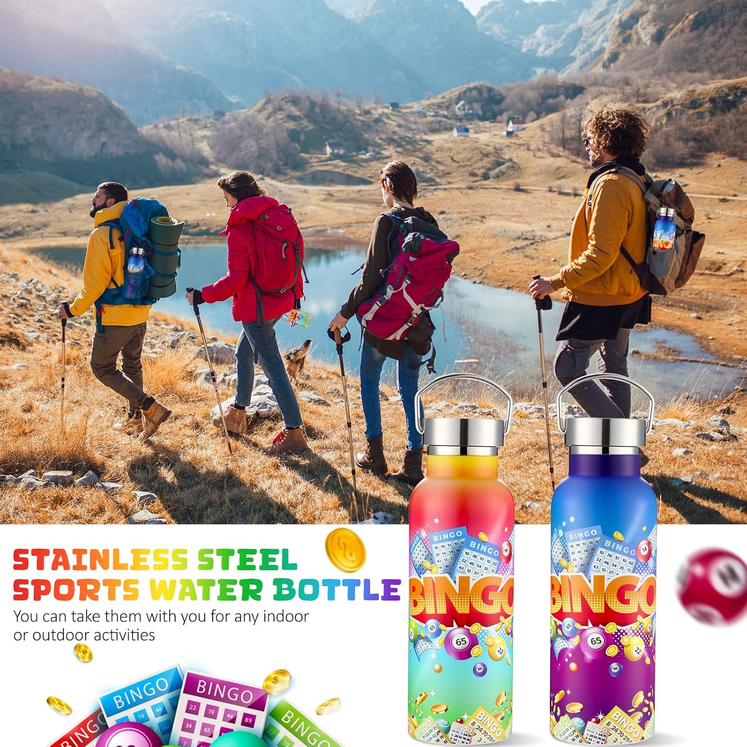 Geiserailie 2 Pack Bingo Tumbler Cups Bingo Prizes Gifts 17oz Stainless Steel Water Bottle Double Wall Insulated Bottle with Handle and Vacuum Seal Leakproof Lid for Seniors Adults Party