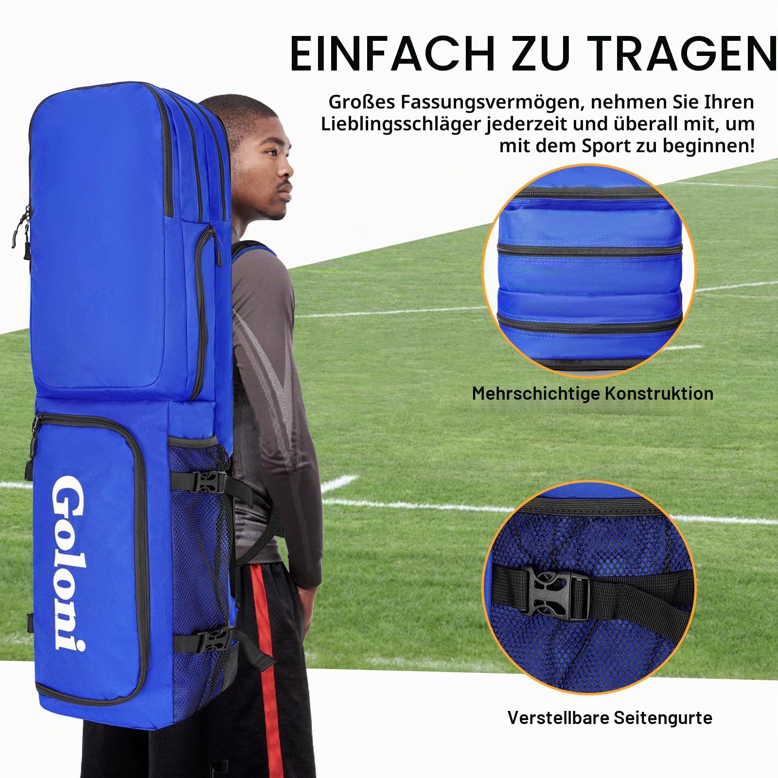 Goloni Feldhockey-Tasche mit 4 Schlägern und Schultergurten, Feldhockeyschläger-Rucksack mit Schuhfach