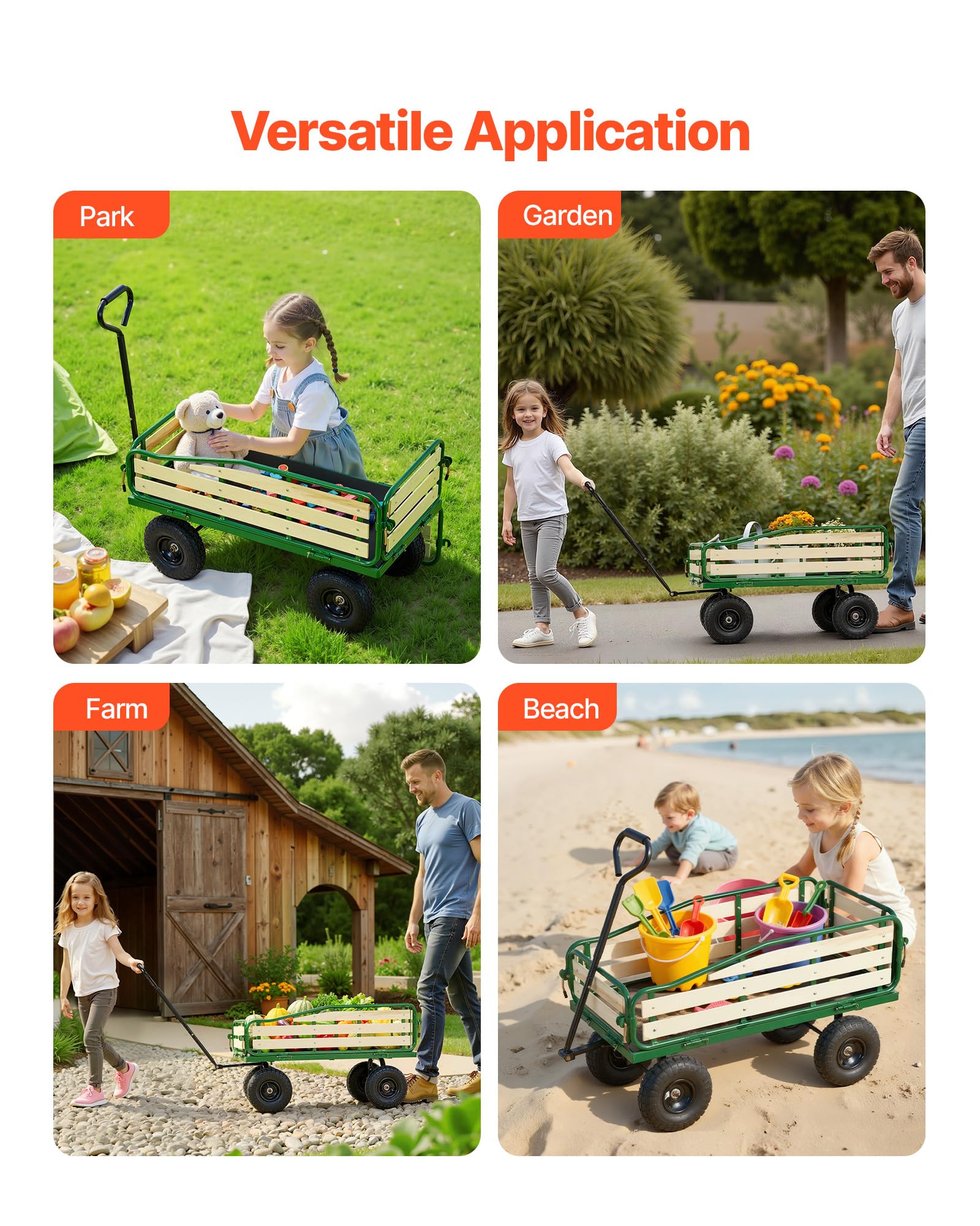 VEVOR Chariot à Tirer Enfants 102 cm Chariot Enfant Tout-Terrain pour Tout-Petits, Cadeau Anniversaire, Jardinage, Plage, Camping, Aventures en Plein Air, Charge 250 kg, avec Panneaux Bois, Poignée