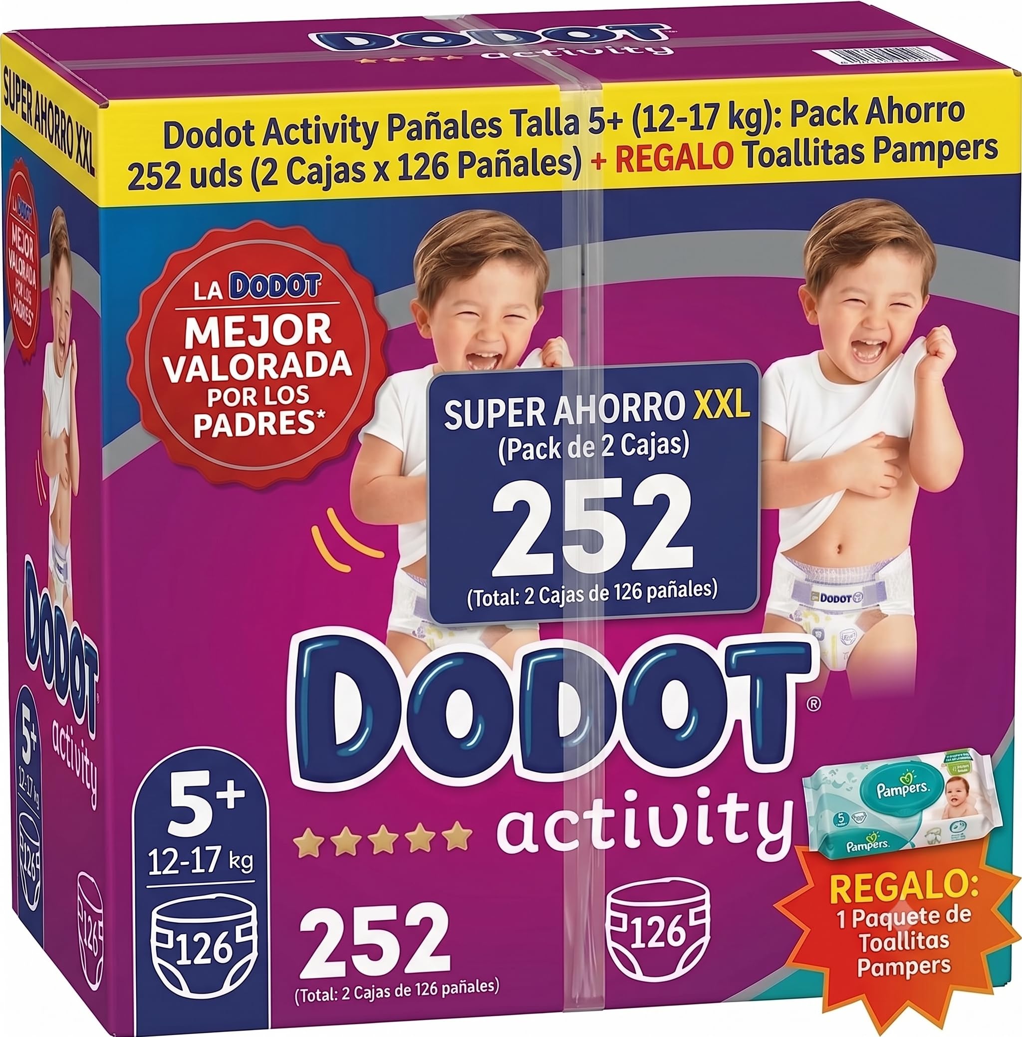 Dodot Activity Pañales Talla 5+, 12-17 kg, Pack 2 Cajas de 126 uds (252 Pañales en Total) + REGALO Toallitas Pampers