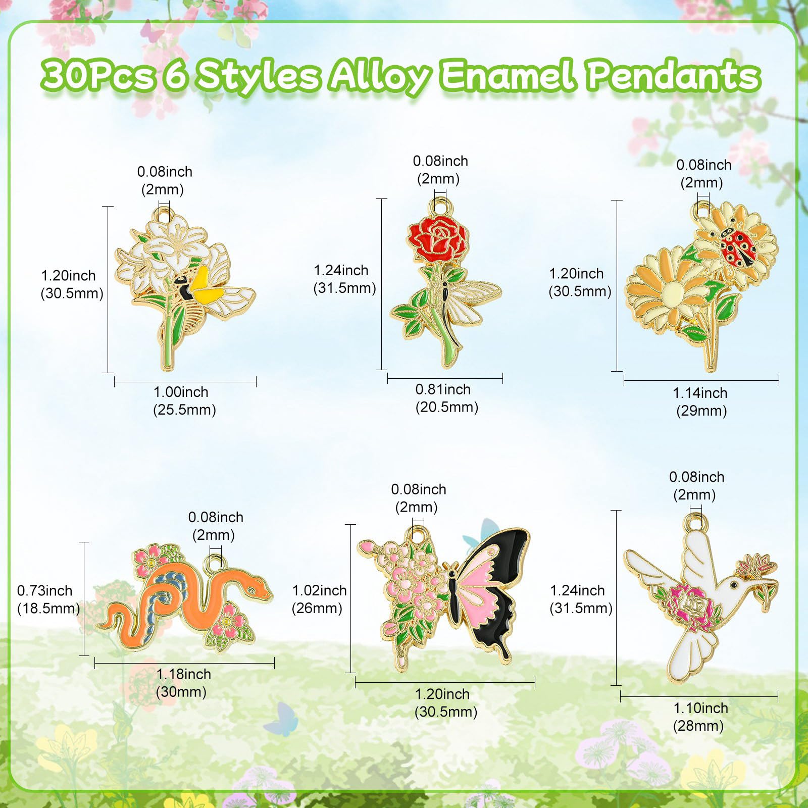 Stiesy 30Pcs 6 Styles Enamel Flower Animal Charms Butterfly Ladybird Snake Bird Charm Pendant Insect with Plant Bracelet Charms for Jewellery Making Crafting DIY Necklace Earring Presents - Image 2