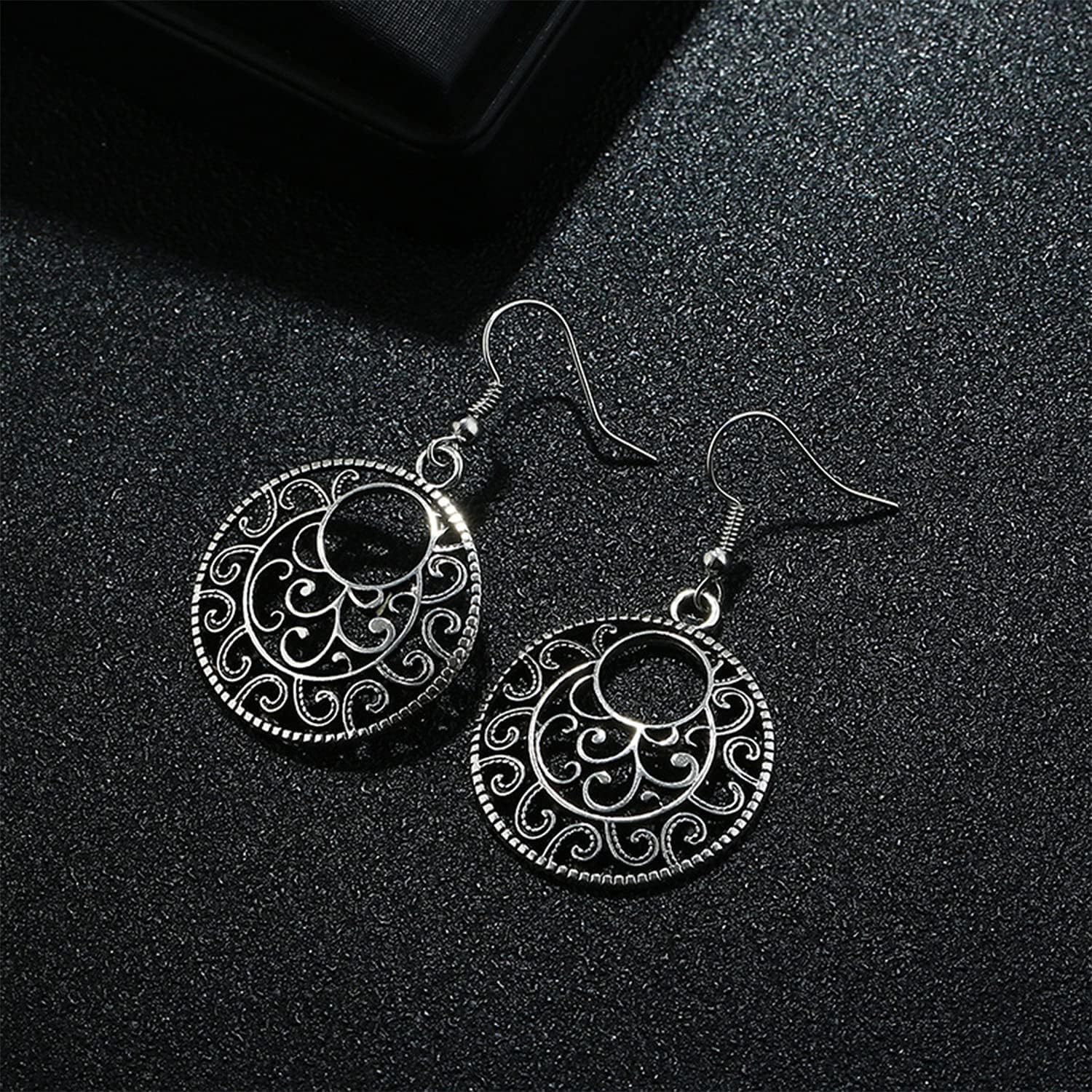 KaFu Bohemian Vintage Handmade Lightweight Silver Hollow Dangle Drop Earrings Gypsy Lightweight Filigree Disc Charm Ethnic Tribal Hoop Earrings for Women Girls - Image 6
