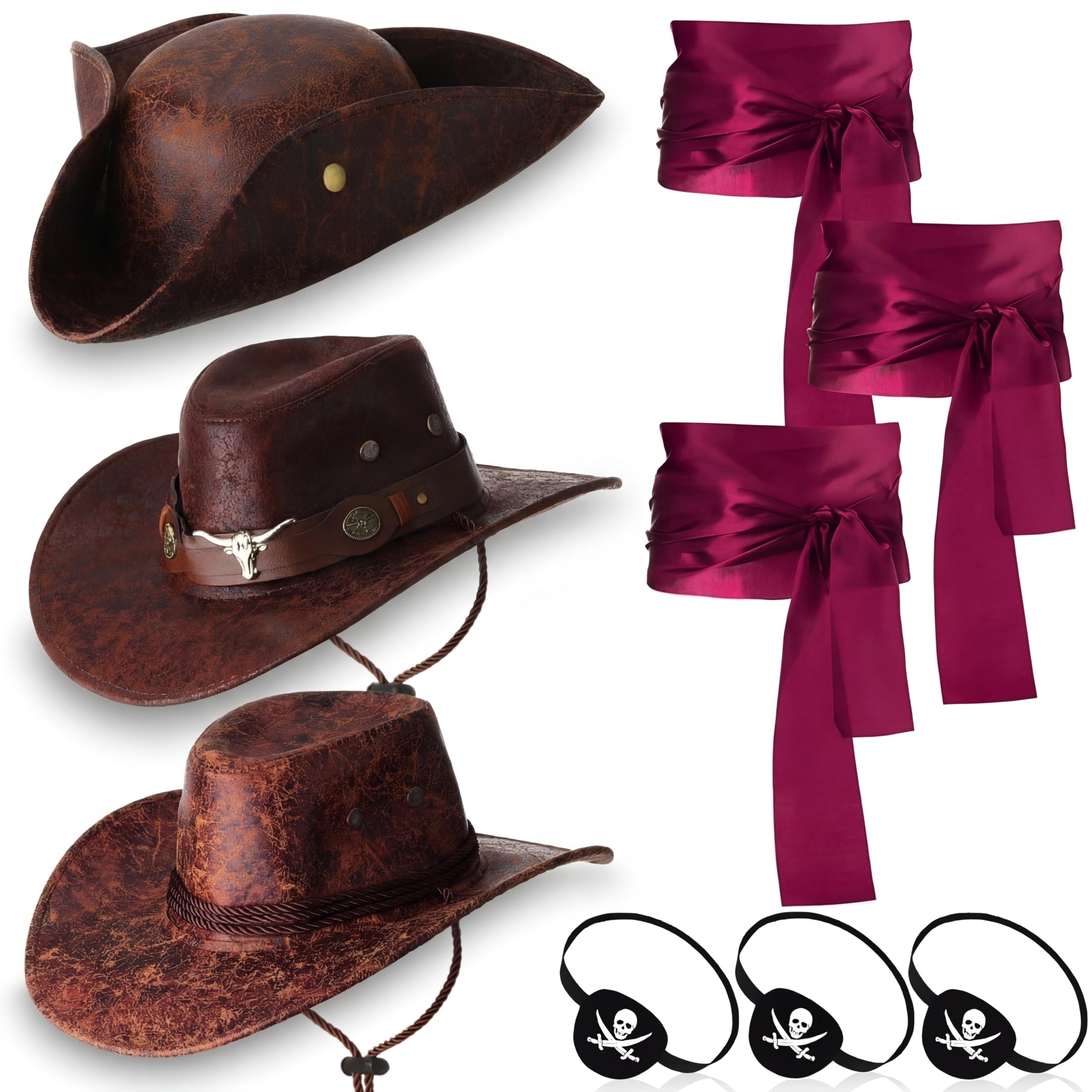 Photo 1 of Chicingyou 9 Pcs Pirate Hat Sash and Eye Patch Set, Pirate Festival Costume Adults Mardi Gras Medieval Renaissance Outfits(Stylish,Brown)