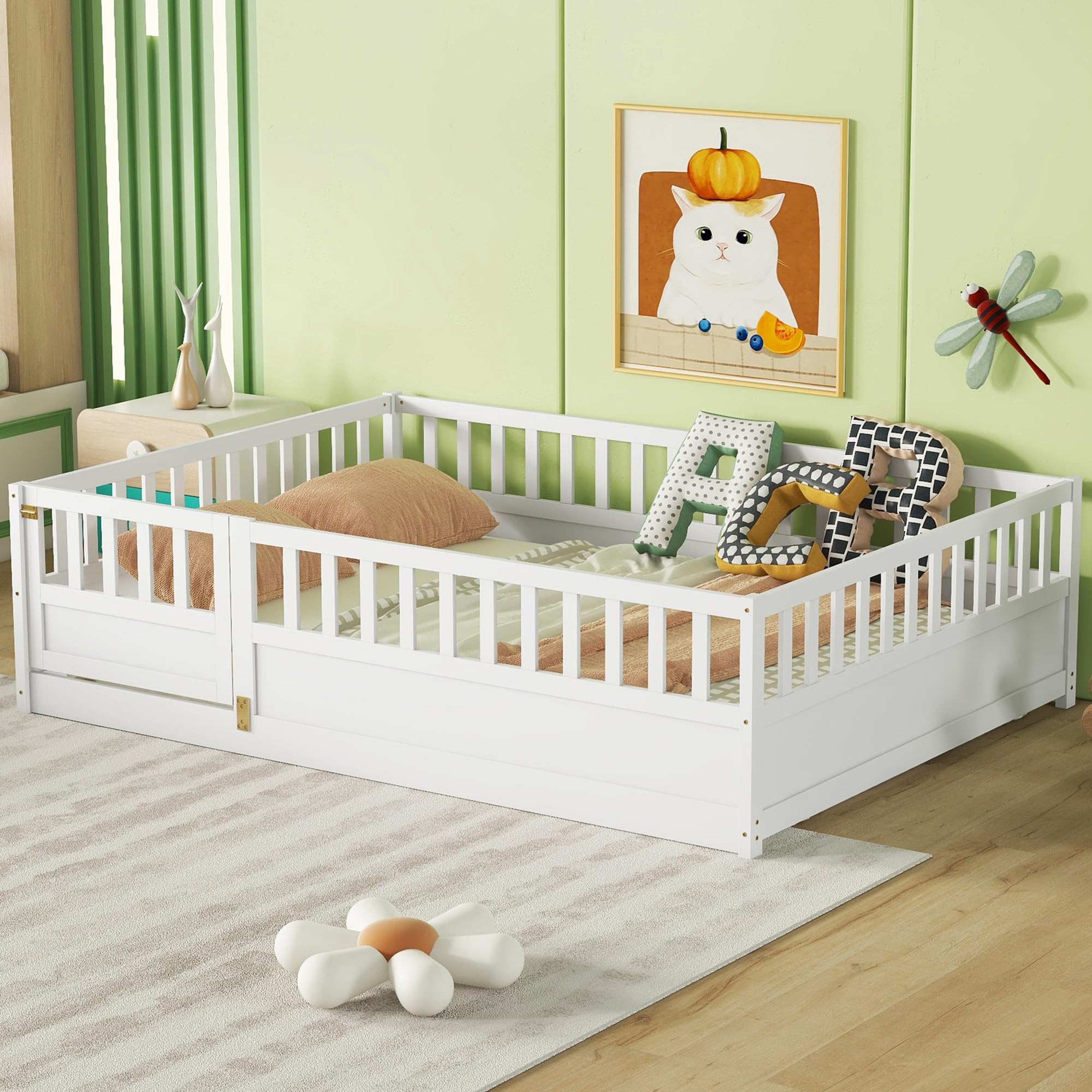 Bellemave Full Size Floor Bed with Fence and Door, Full Size Montessori Floor Bed with Guardrails, Easy Assemble Montessori Beds for Girls, Boys,