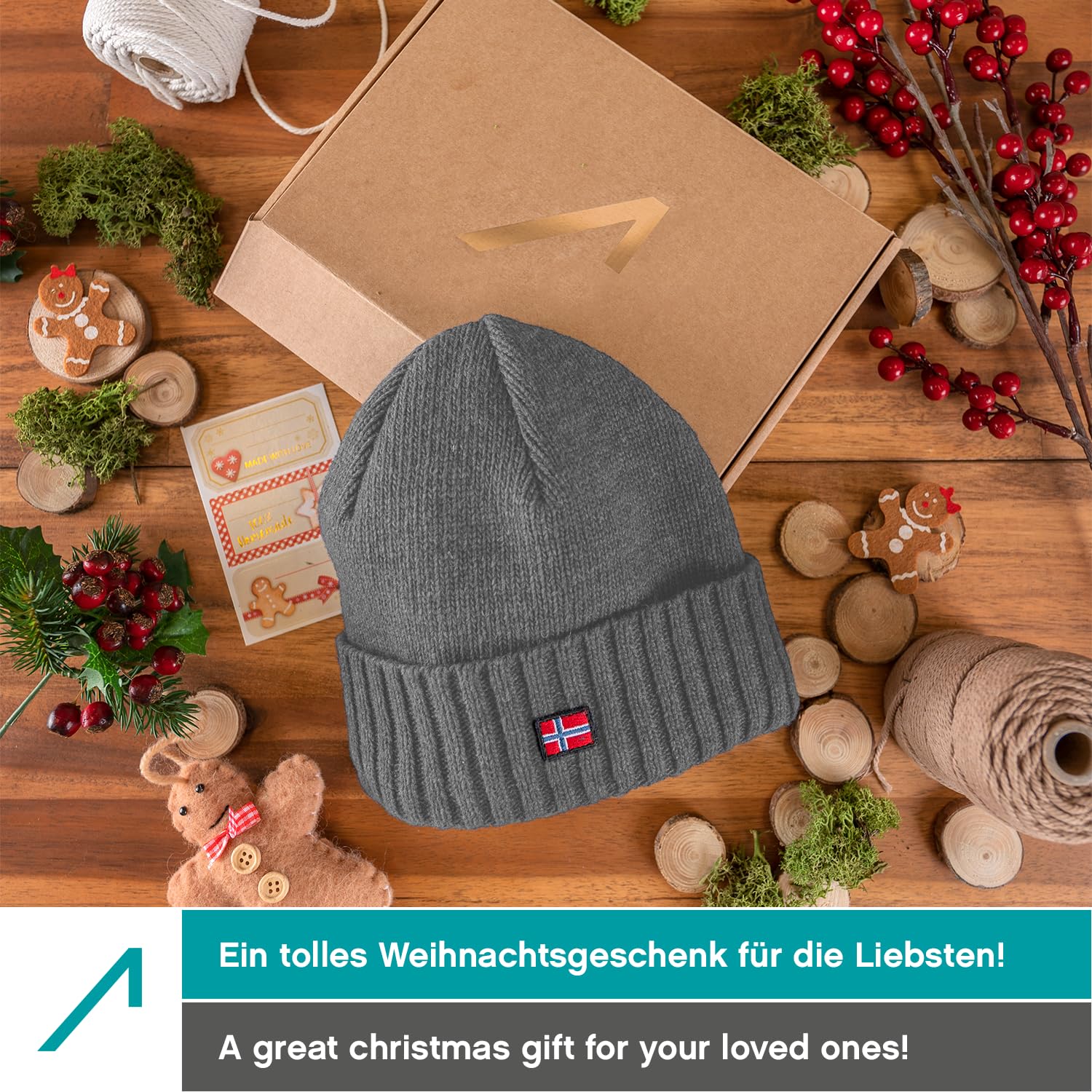 ACE Bonnet d'hiver Norway - Bonnet tricoté en Laine de Mouton pour Adultes - Bonnet en Laine pour Femmes et Hommes