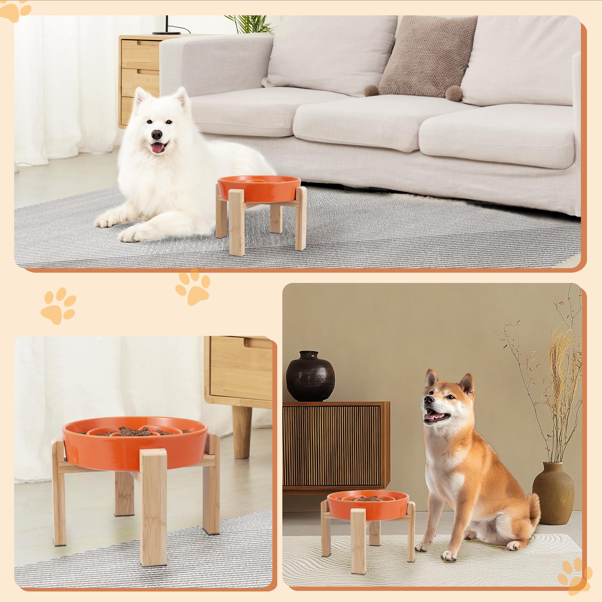 Gamelle Anti-Glouton Surélevée pour Chien - Bol en Céramique avec Support en Bambou - Idéale pour Chiens Moyens et Grands - Orange - 22,5 cm