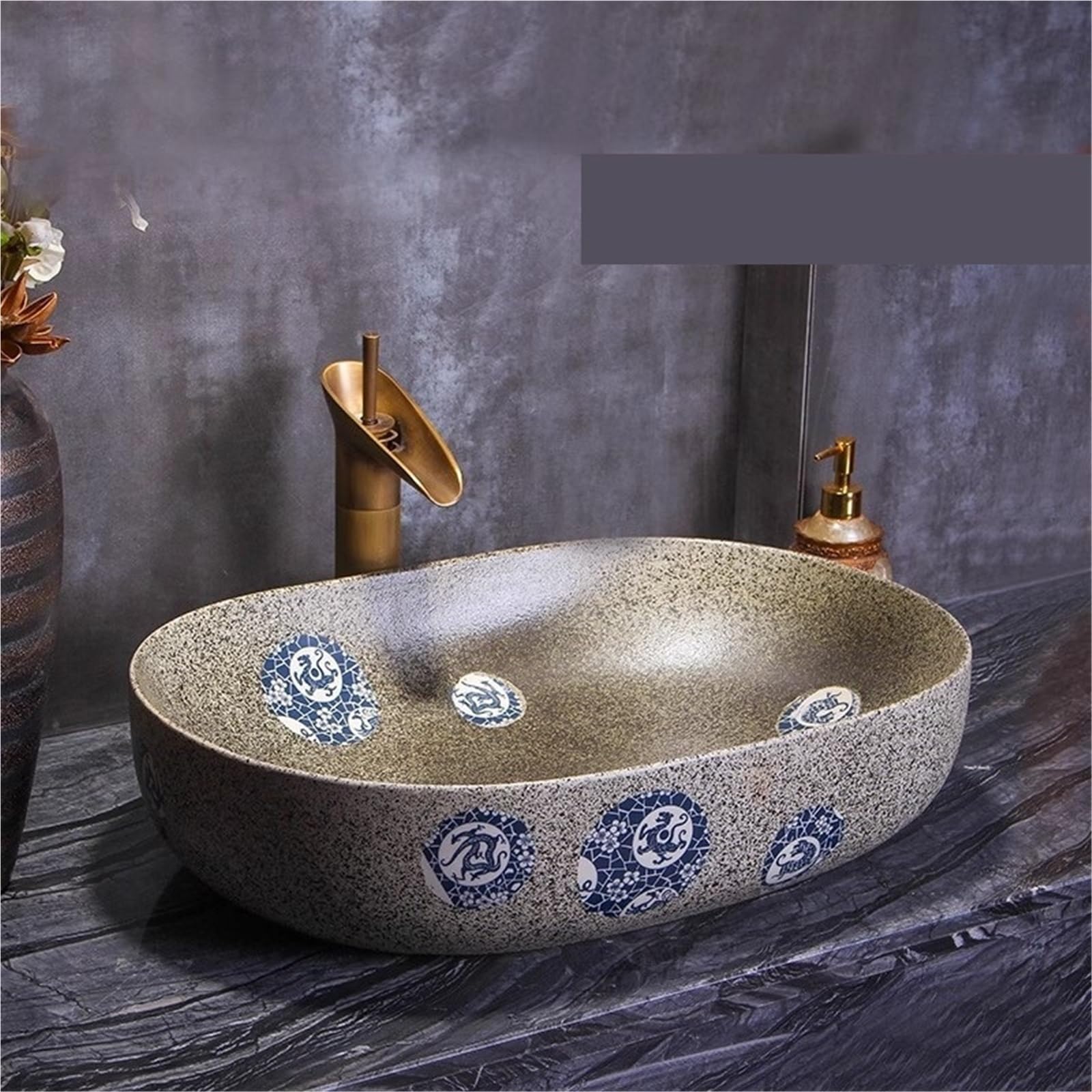 Umywalka łazienkowa nablatowa Okrągła umywalka nablatowa Retro Art, ceramiczna łazienkowa (wraz z akcesoriami)