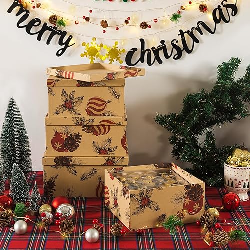 Miniatura 5 de Soul & Lane Cajas decorativas cuadradas de papel kraft de Navidad con tapas, juego de 4 unidades, cajas de regalo reutilizables grandes para regalos