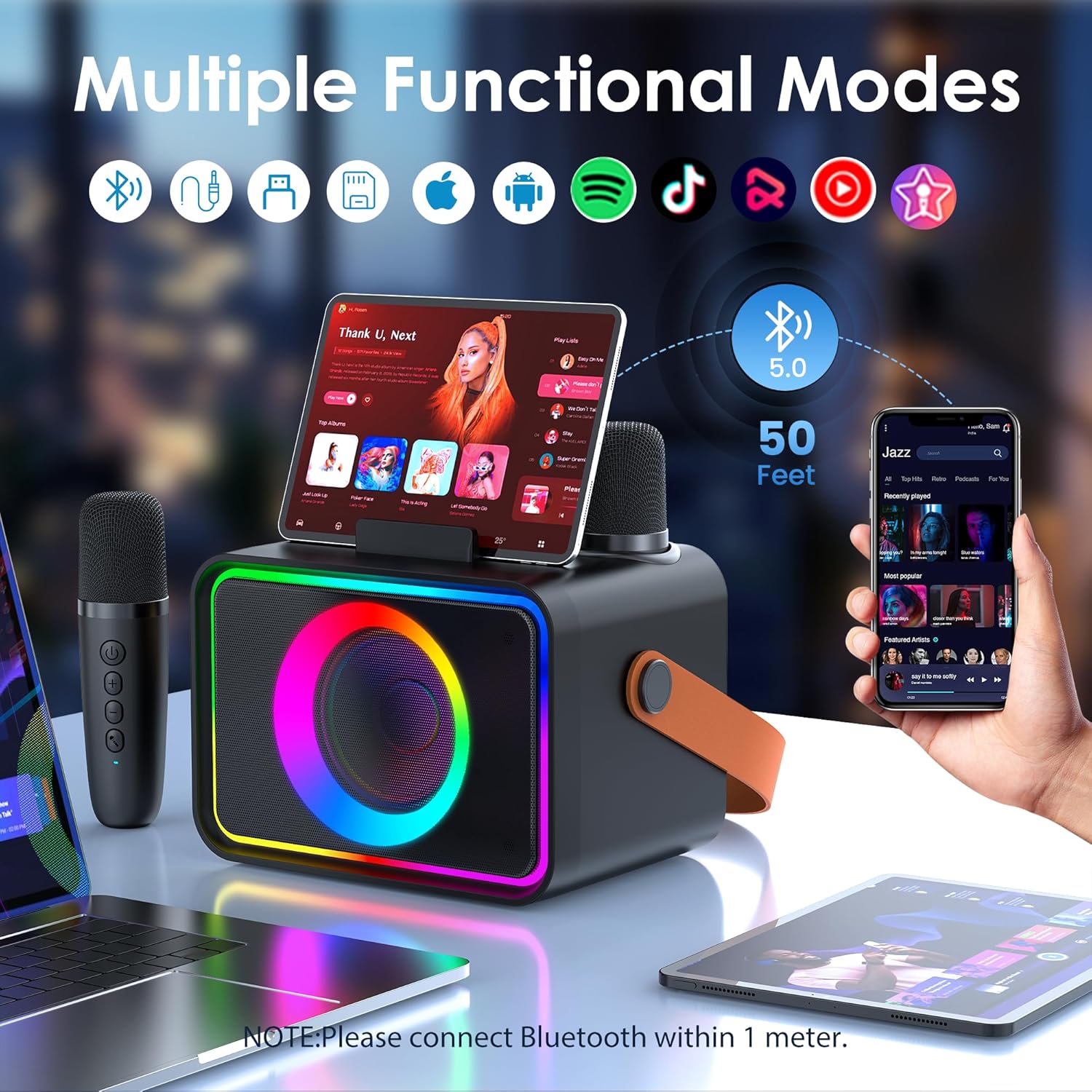 Karaoke Machine,Portable Bluetooth Speaker with 2 Wireless Microphone for Adults & Kids with LED Lights, Karaoke Microphone with PA System Supports USB/TF/AUX,Gift for Party (Black) - Image 5