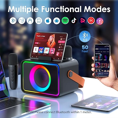 Miniatura 5 de Máquina de karaoke, altavoz Bluetooth portátil con 2 micrófonos inalámbricos para adultos y niños con luces LED, micrófono de karaoke con sistema PA