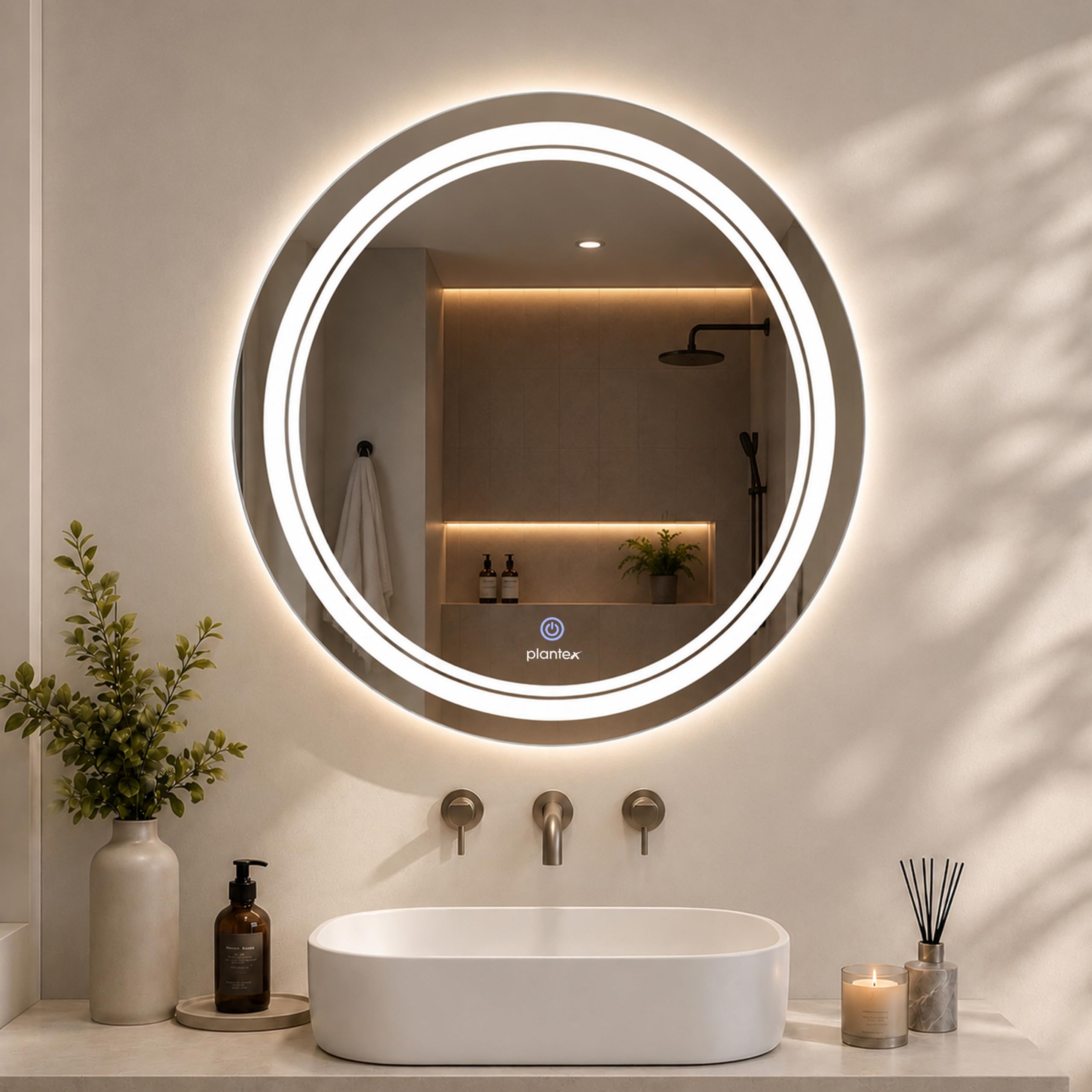 Plantex Glass Mirror With Light With 3 Tone/Touch Wall Mount Mirror For Bedroom/Dressing Room/Living Room - Round Shape (24 Inch), White-picture-26