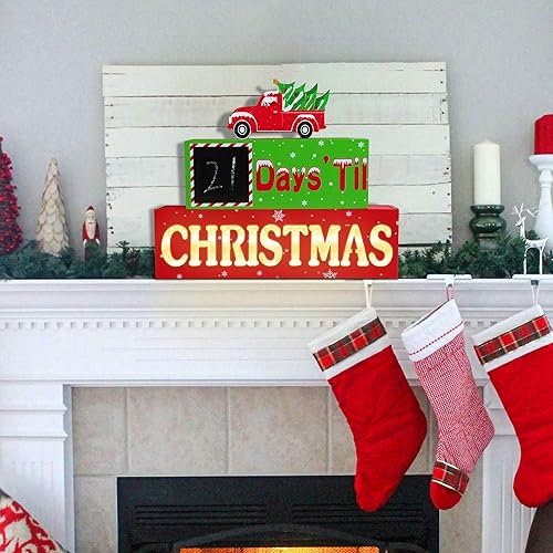 Miniatura 6 de Letrero de madera con luces LED, calendario de cuenta regresiva de Navidad escrito a mano con tizas de 3 colores, pizarra lavable, letrero de mesa