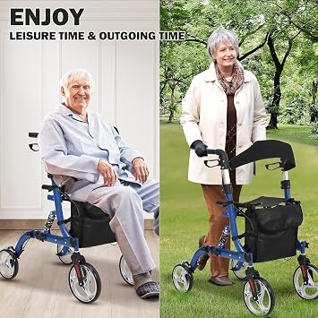 Walkers for Seniors with Seat, Foldable Rollator Walker with Seat, Shock Absorber, 12 Rubber Wheels, Adjustable Height with Backrest,Lightweight Aluminum Frame Rollator Walkers for Seniors