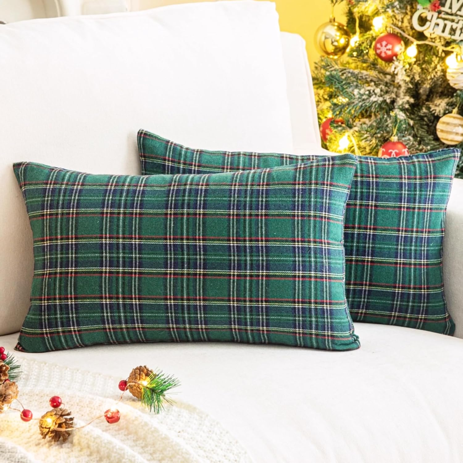 AQOTHES Pack of 2 Christmas Plaid Decorative Throw Pillow Covers Scottish Tartan Cushion Case for Farmhouse Home Holiday Decor Green and Blue, 12 x 20 Inches Green and Blue Plaid 20" x 12" (Pack of 2)