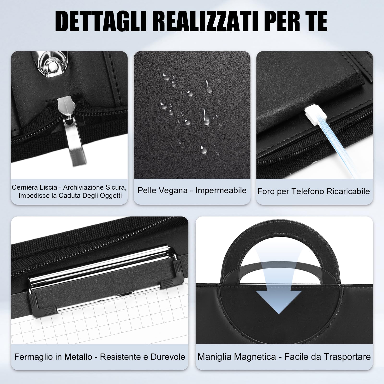 Leathario Cartella Portadocumenti A4 Pelle Vegana con Maniglia e Portablocco Raccoglitore ad Anelli