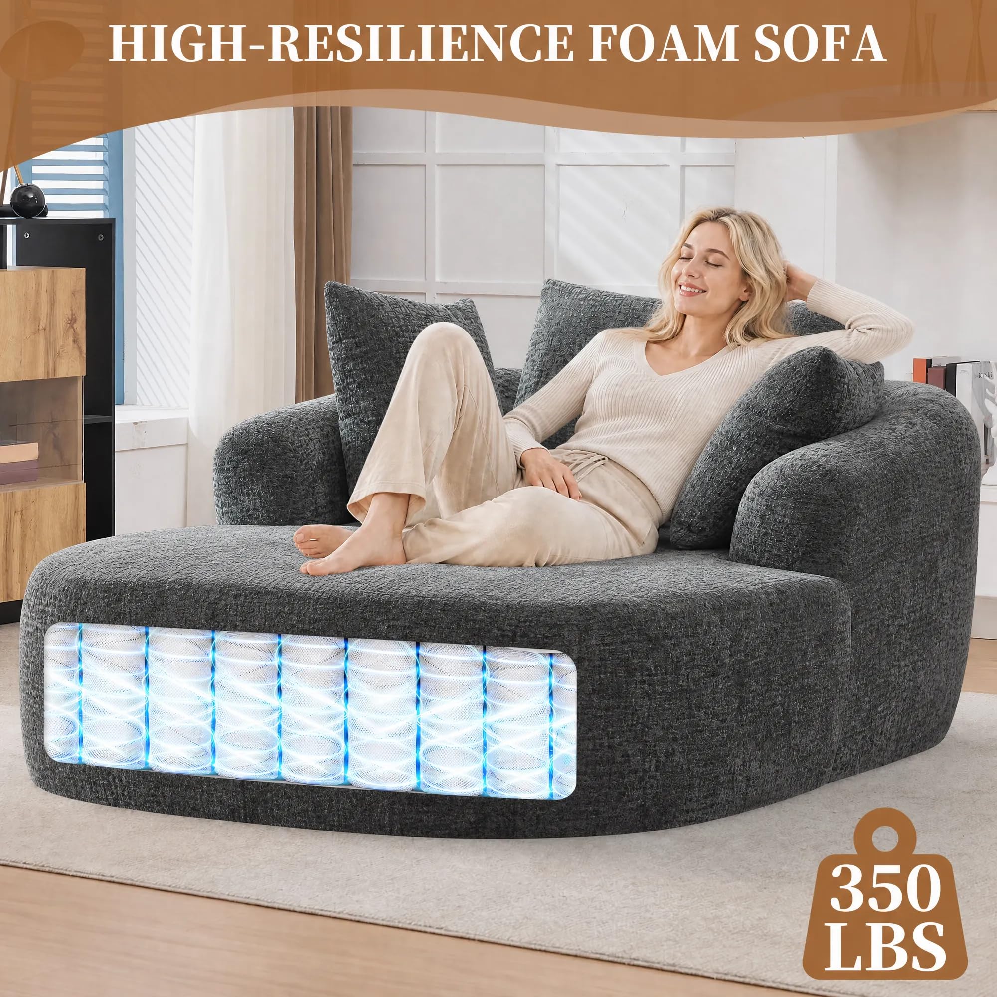 Gemütliche Chaiselongue aus Chenille-Stoff, übergroßes, geschwungenes Akzentsofa mit 4 Zierkissen, modernes Polstersofa für Wohnzimmer, Schlafzimmer oder Wohnung (Grau)